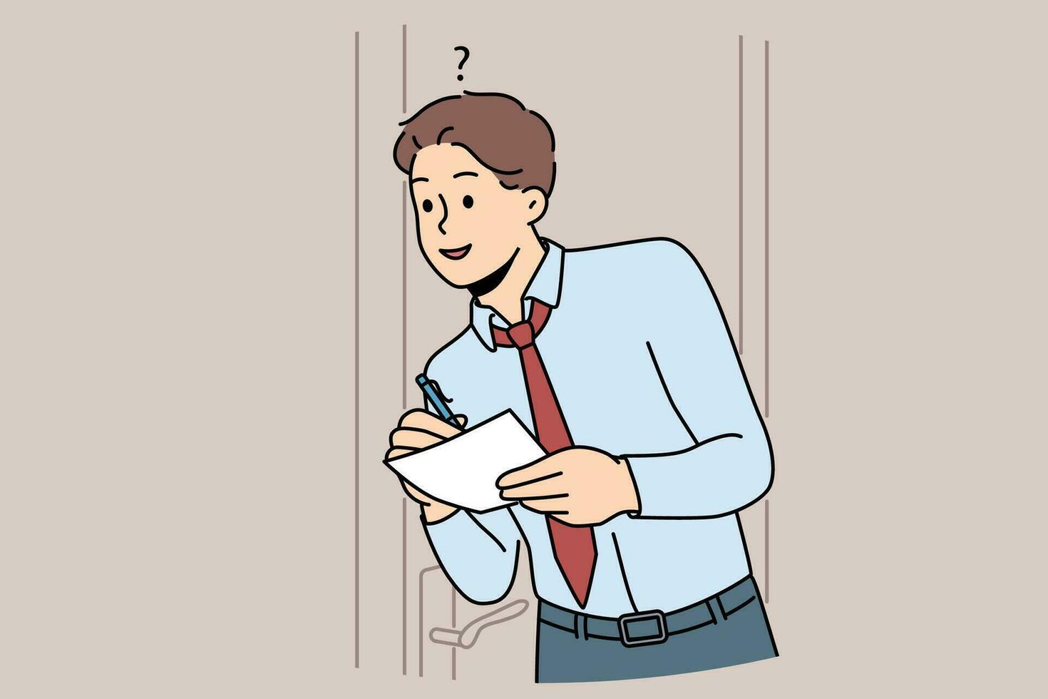 Man eavesdrops on business secrets standing near office door and writing insider information at paper. Guy is spying on boss and trying to get hold of insider data of company or corporation vector