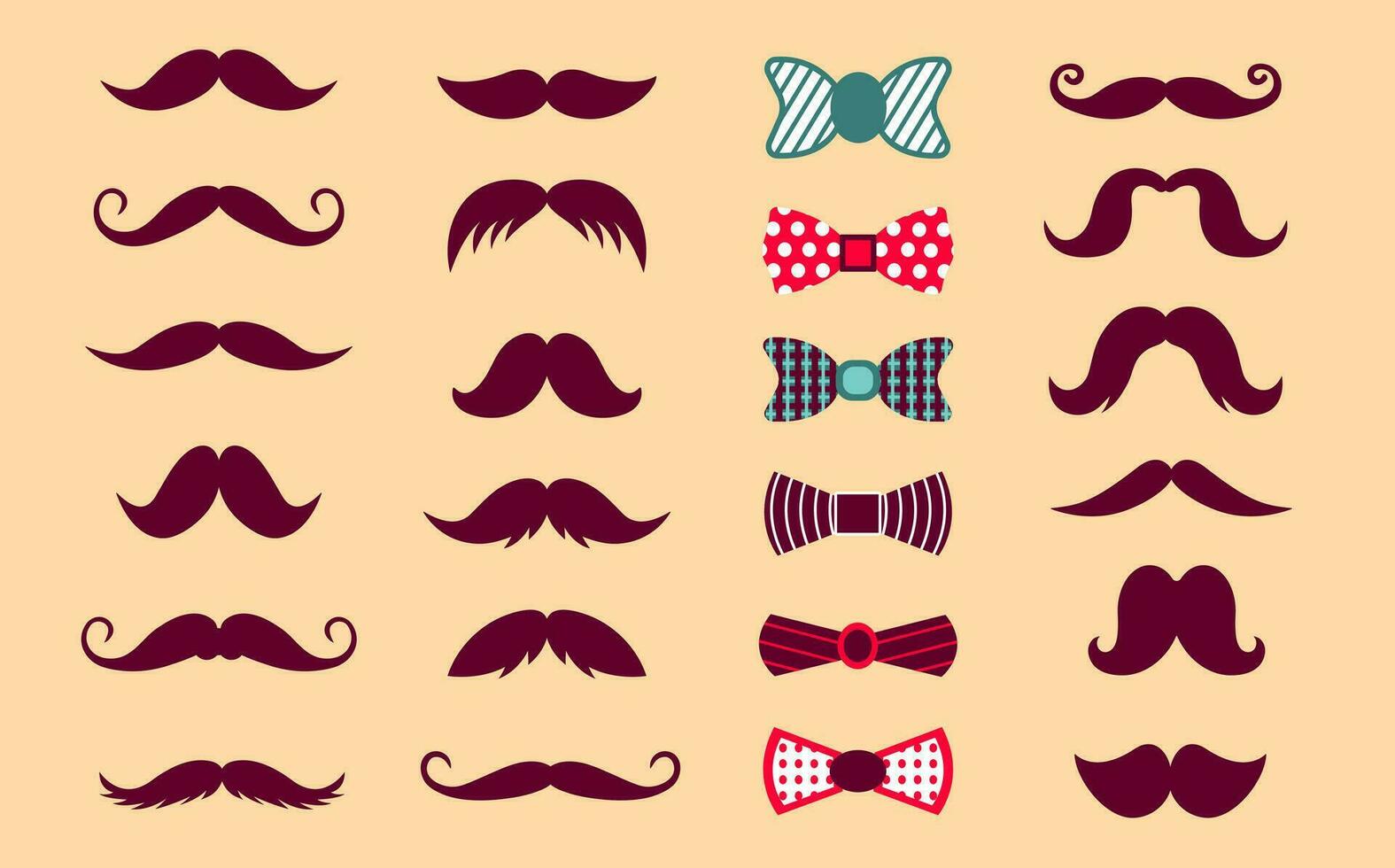 Set with various mustaches and bows. Cute collection of icons in flat style. Vector illustration with separate textures on items.