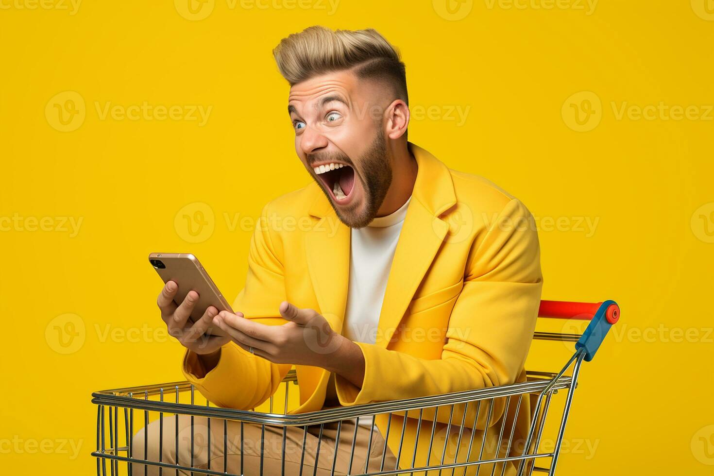 AI generated Young man sitting in shopping cart photo