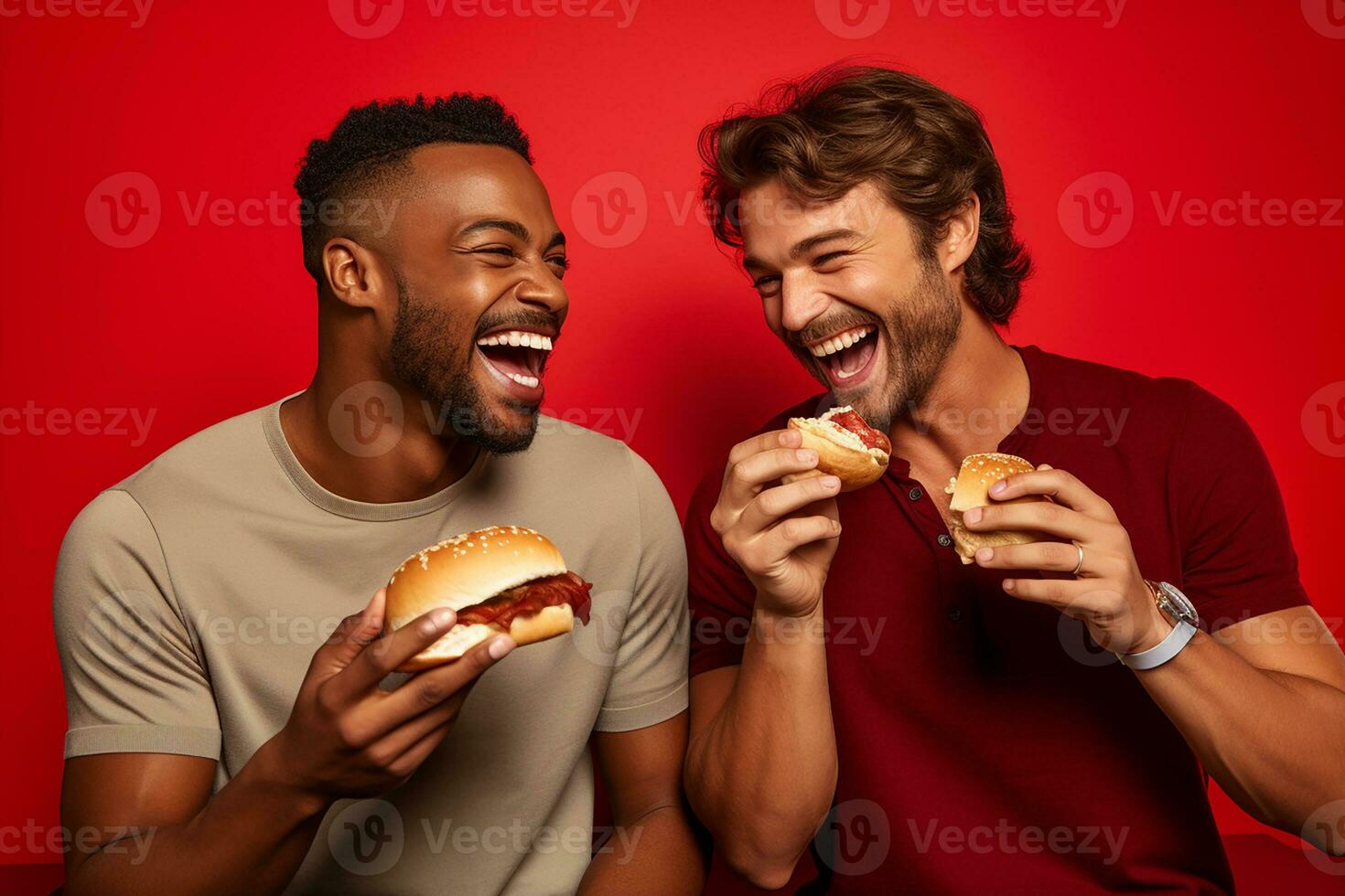 AI generated Young smiling happy friends group having burger isolated on red background studio portrait. photo