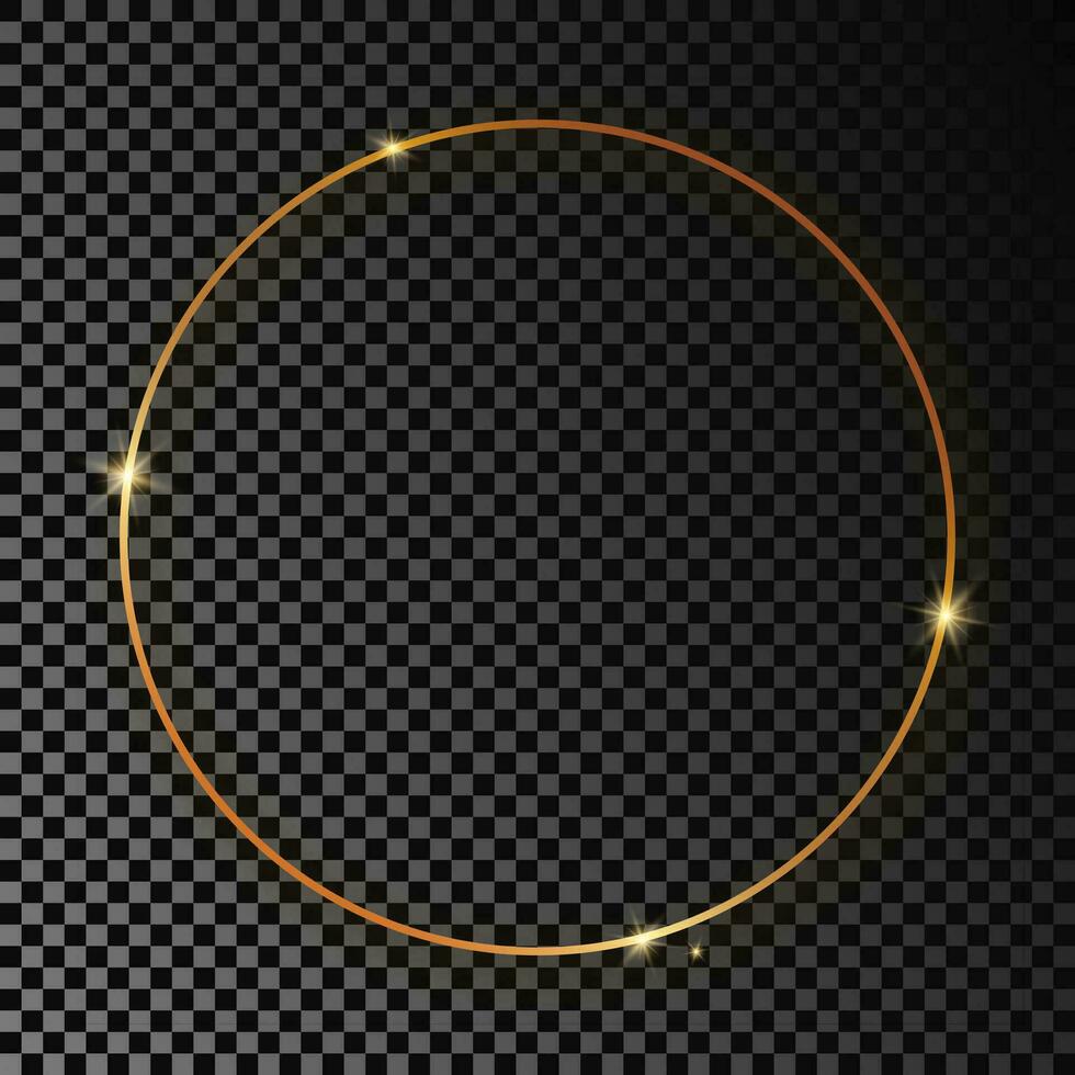 Gold glowing circle frame with shadow isolated on dark background. Shiny frame with glowing effects. Vector illustration.