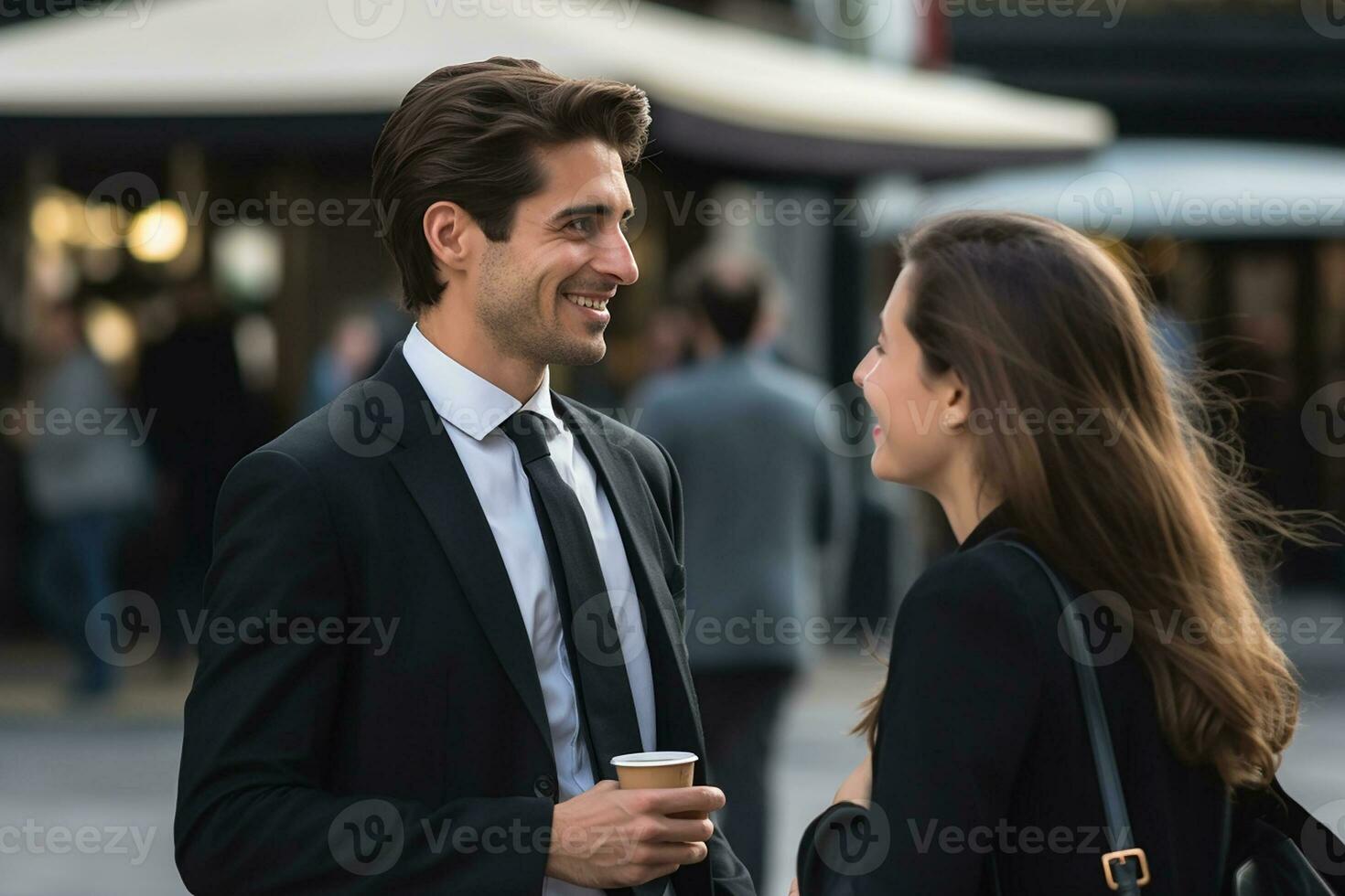 AI generated happy young two collogue talking to each other outdoor photo