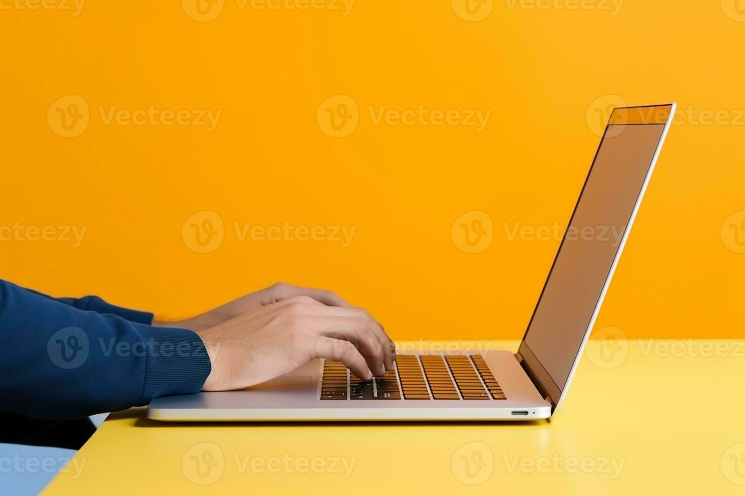 AI generated businessman working on laptop on yellow background photo