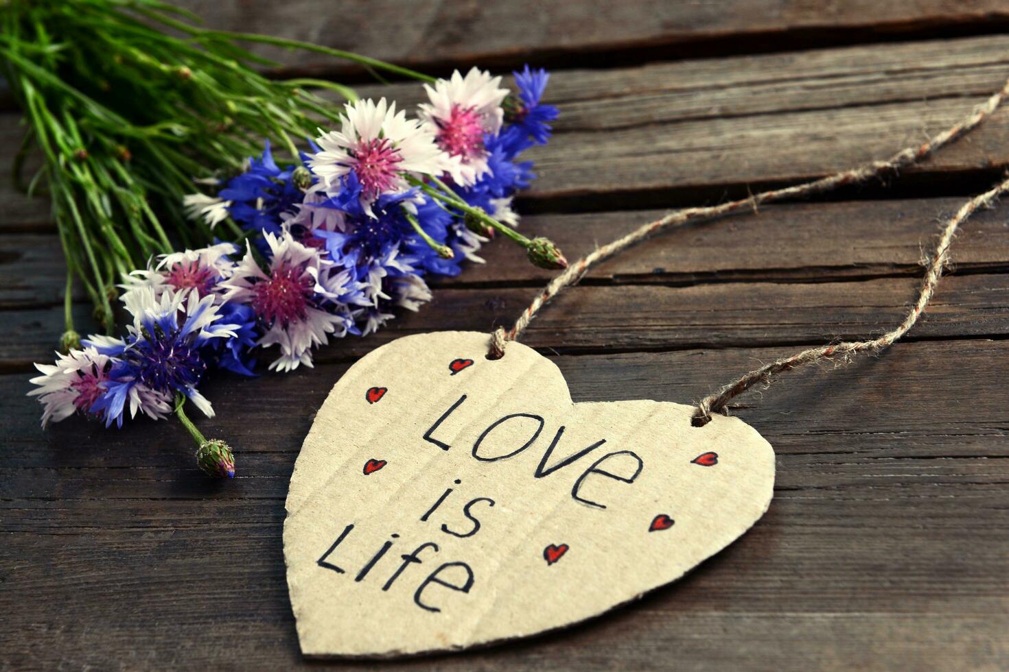 'Love is Life' Written on Cardboard Heart with Dry Flowers photo