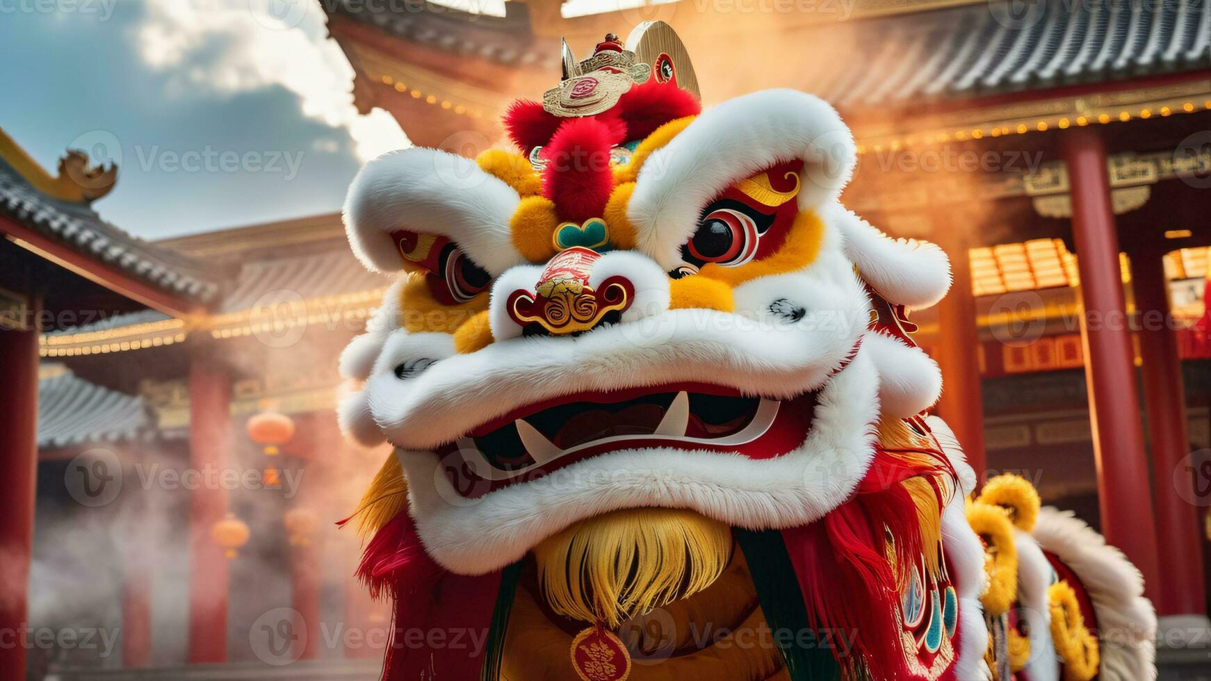 AI generated Chinese lion dance in the temple photo