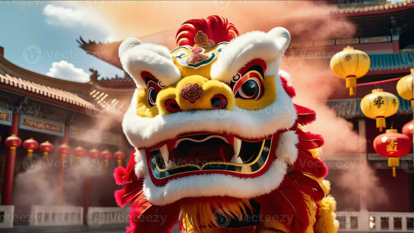 AI generated Chinese lion dance in the temple photo