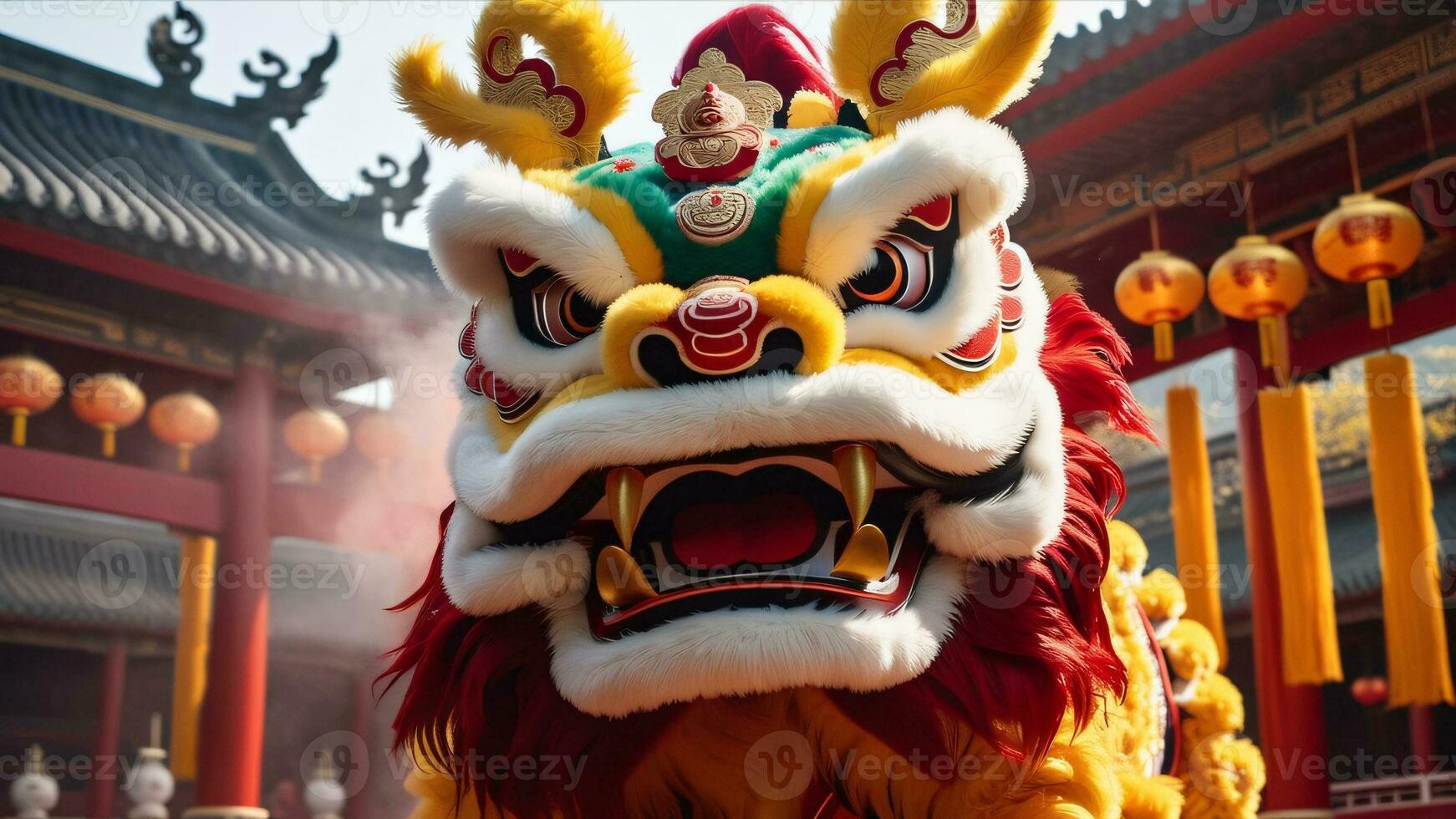 AI generated Chinese lion dance in the temple photo