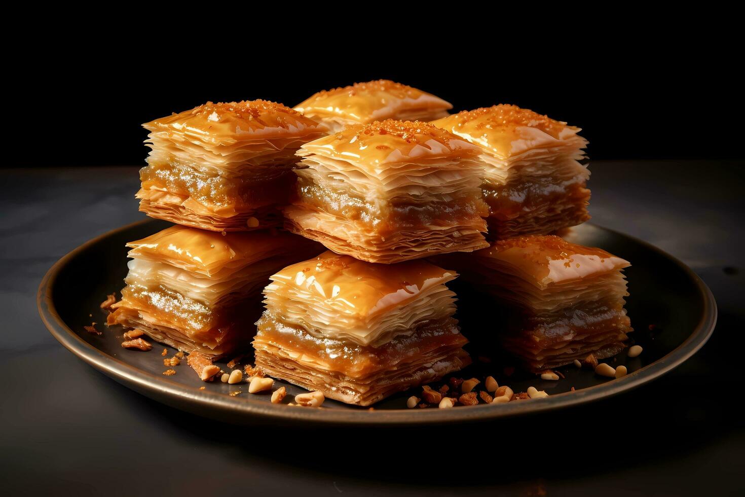 AI generated Baklava - Originally from the Middle East, Baklava is a sweet pastry made of layers of filo pastry filled with nuts and honey syrup photo