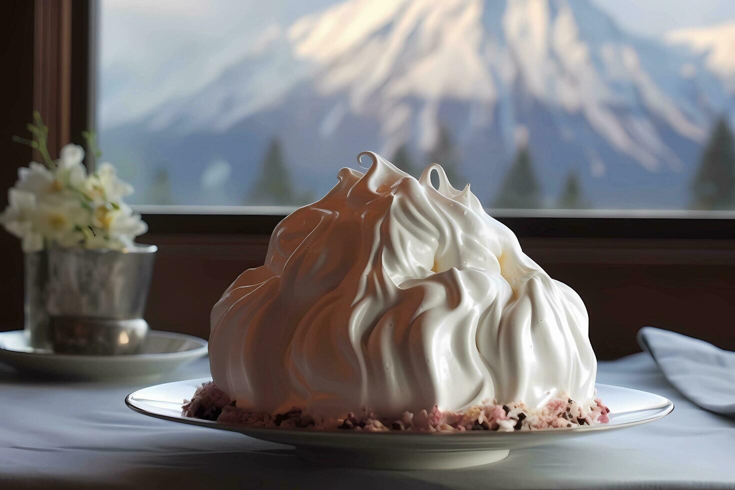 ai generado horneado Alaska - un sensacional postre, horneado Alaska consiste de pastel coronado con hielo crema y cubierto en merengue, luego brevemente horneado o incendiado a lograr un crujiente exterior foto