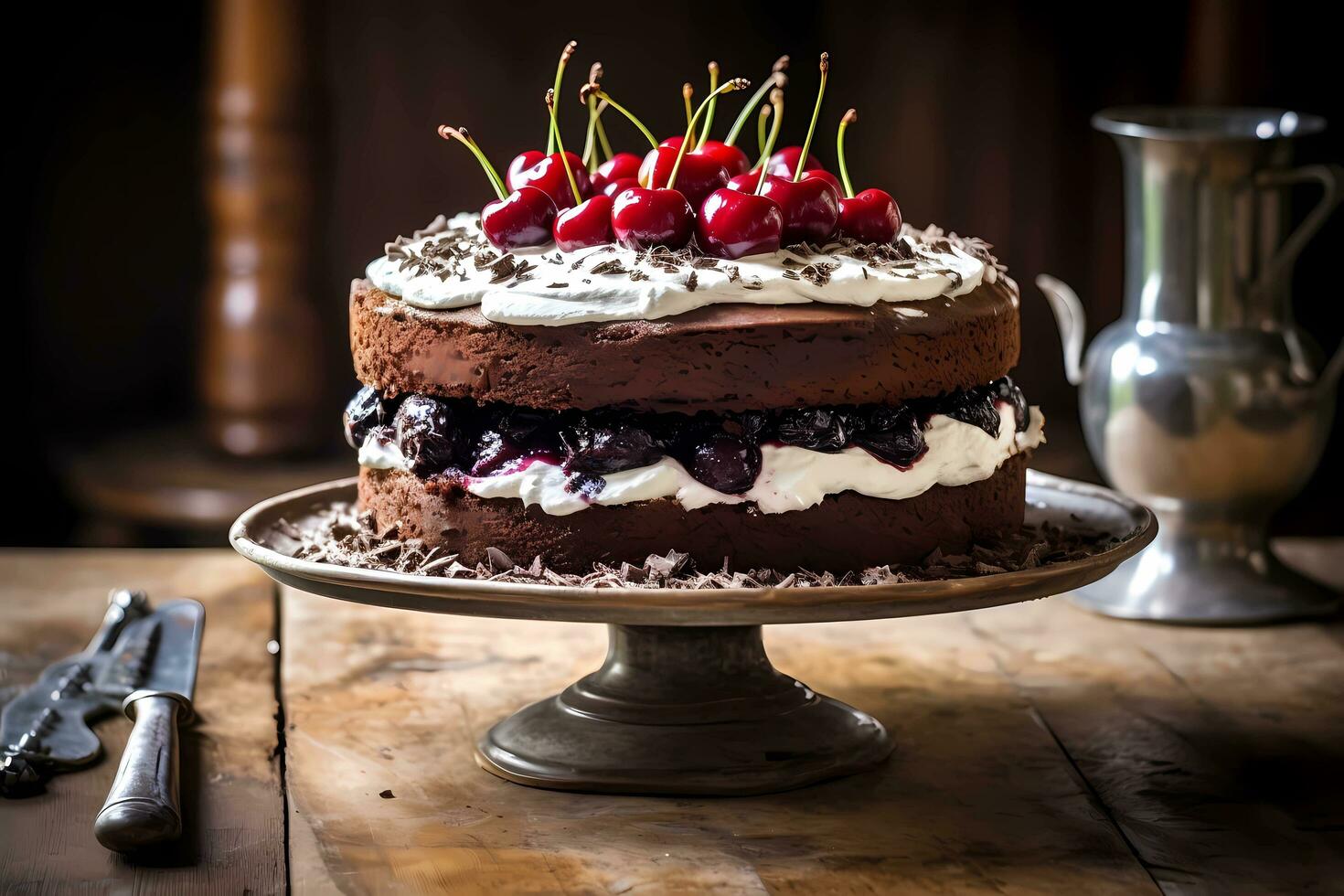 AI generated Black Forest Cake - This German dessert features layers of chocolate sponge cake filled with cherries and whipped cream, then decorated with chocolate shavings photo