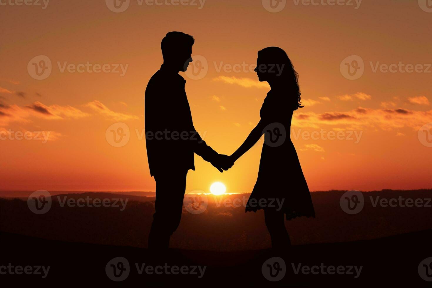 AI generated Silhouette of a loving couple holding hands and looking at the sunset. photo