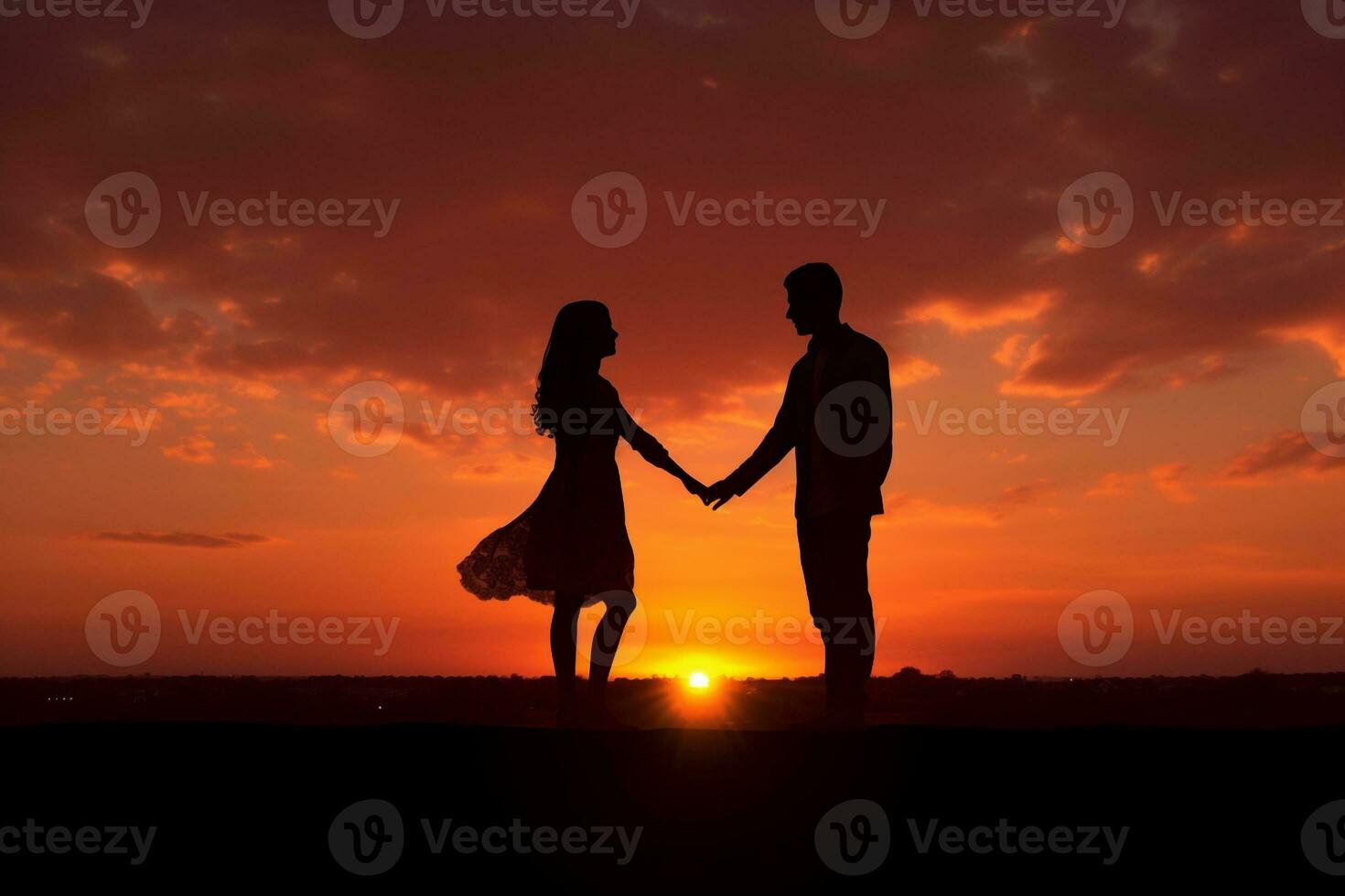 AI generated Silhouette of a man and a woman holding hands at sunset. photo