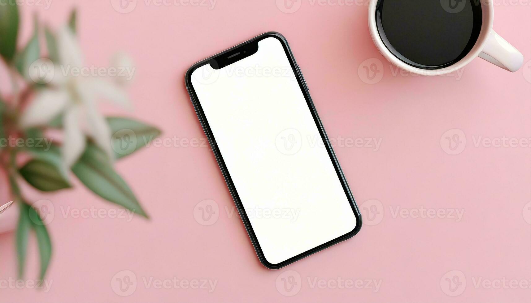AI Generated Mobile phone mock up on pink surface with plant and coffee cup photo