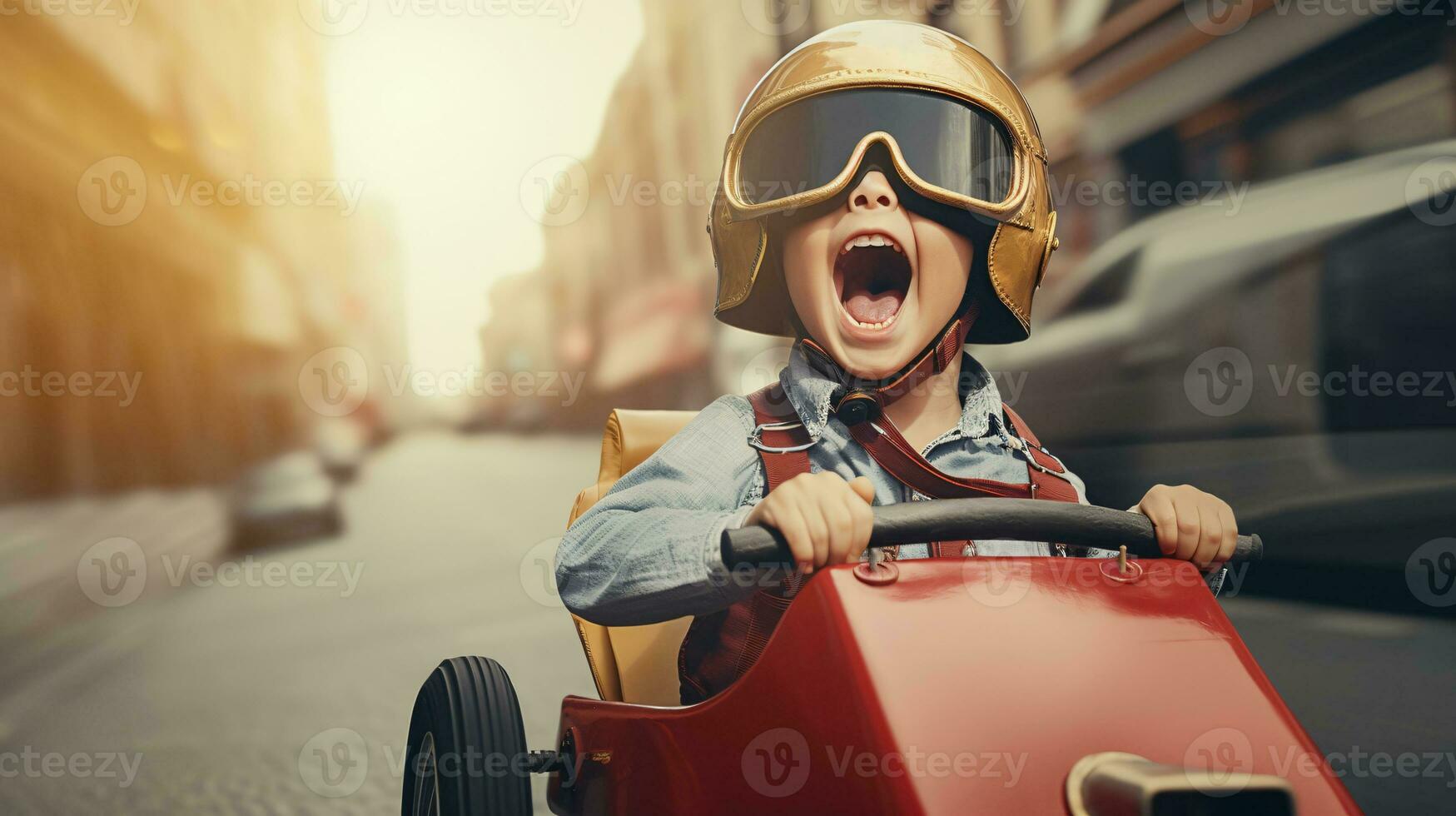 AI Generated a child drives down the street in a soapbox at full throttle, laughing and screaming photo