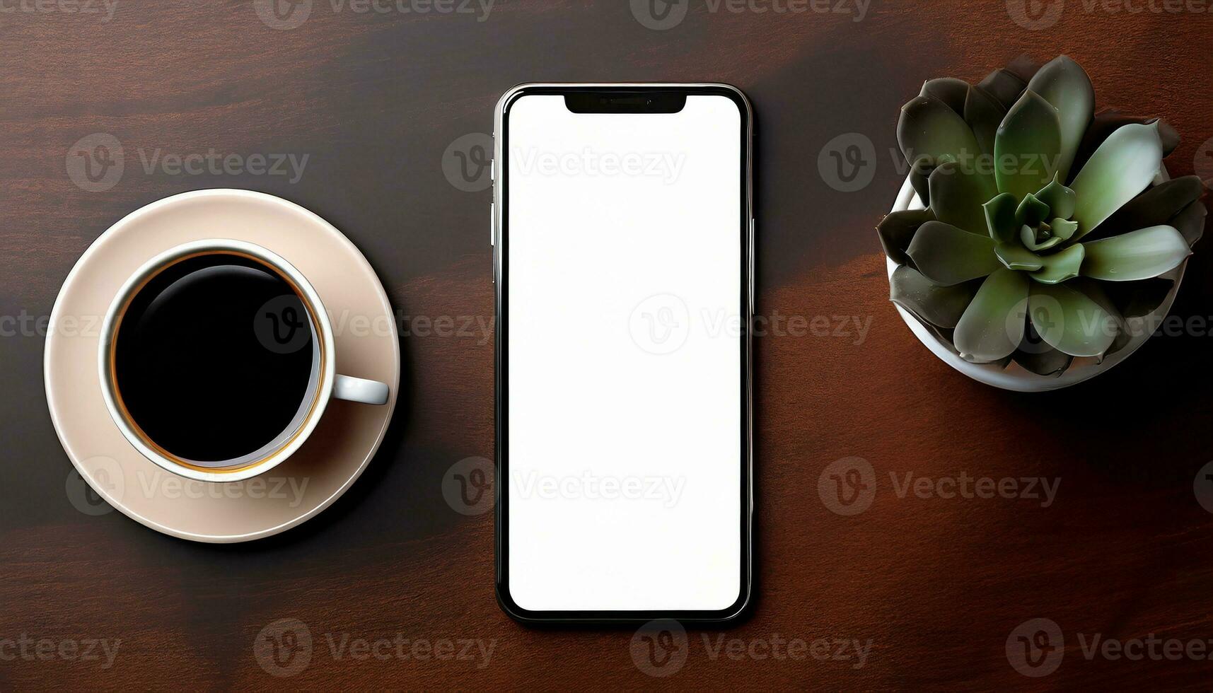 AI Generated Mobile phone mock up on brown surface with plant and coffee cup photo