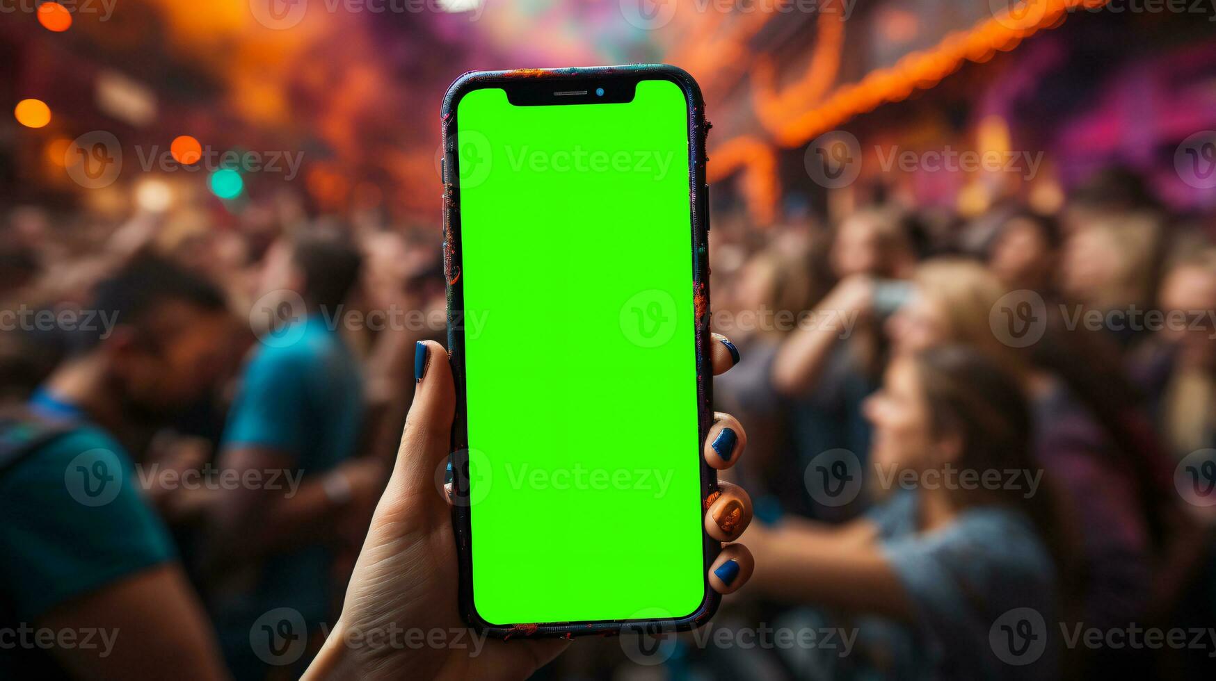 AI Generated Subjective view of a hand holding a mobile phone with greenscreen for changing the display content photo