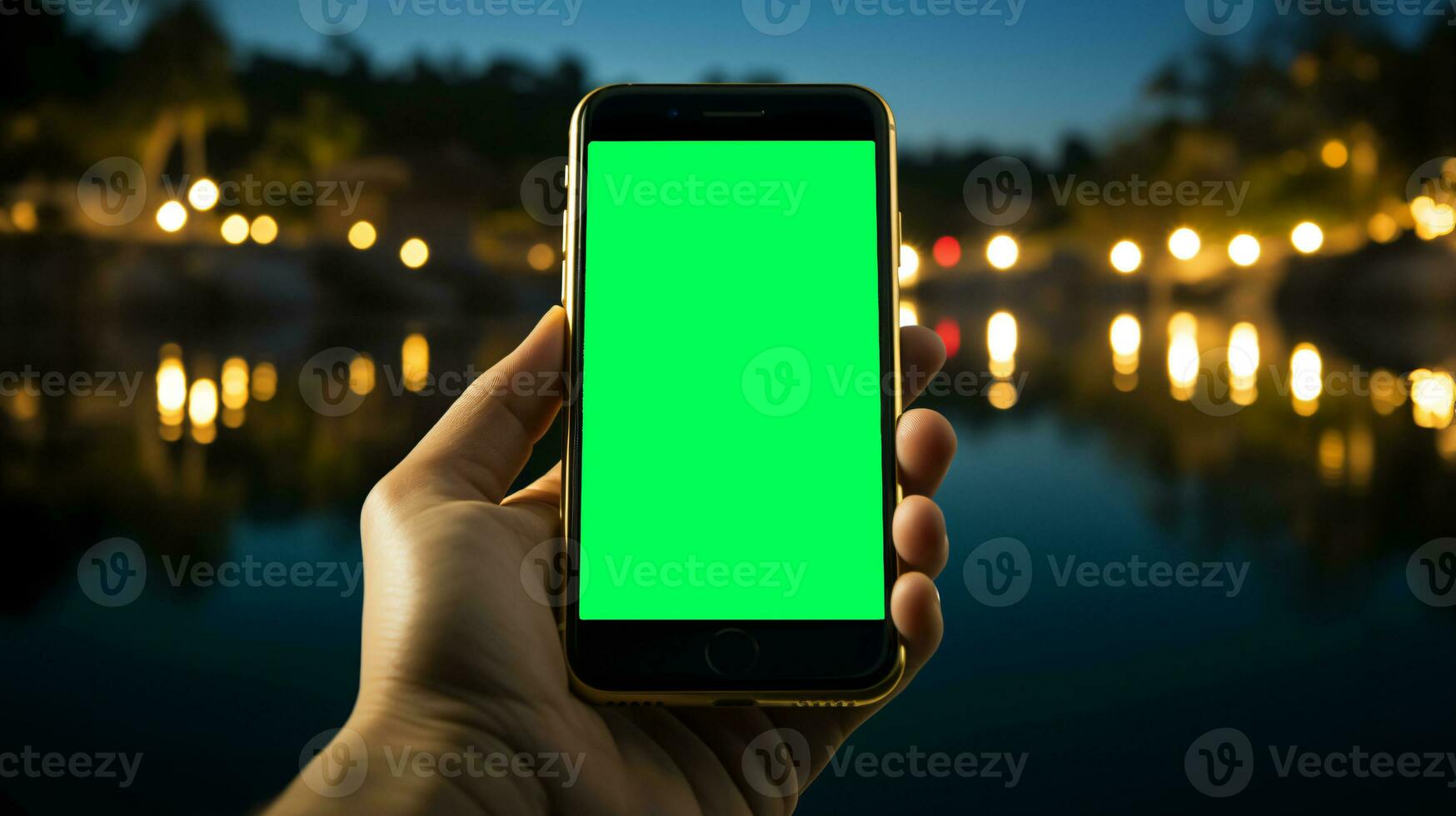 AI Generated Subjective view of a hand holding a mobile phone with greenscreen for changing the display content photo
