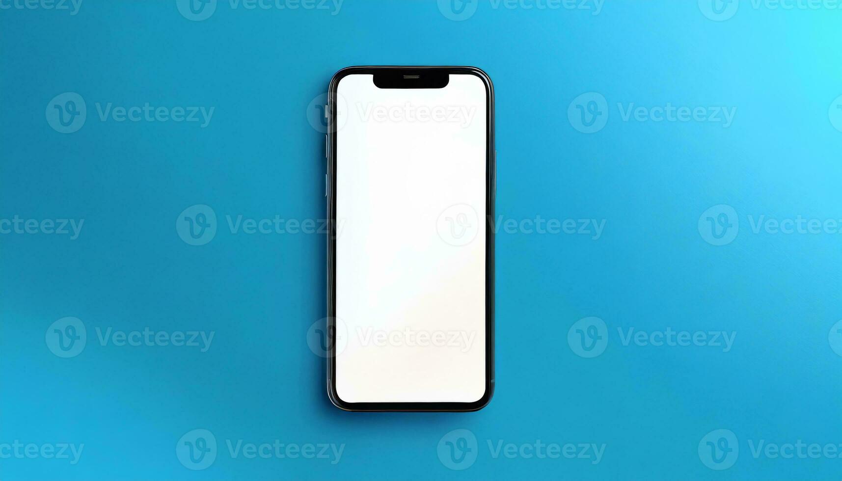 AI Generated top view of a mock up mobile phone on a blue background photo