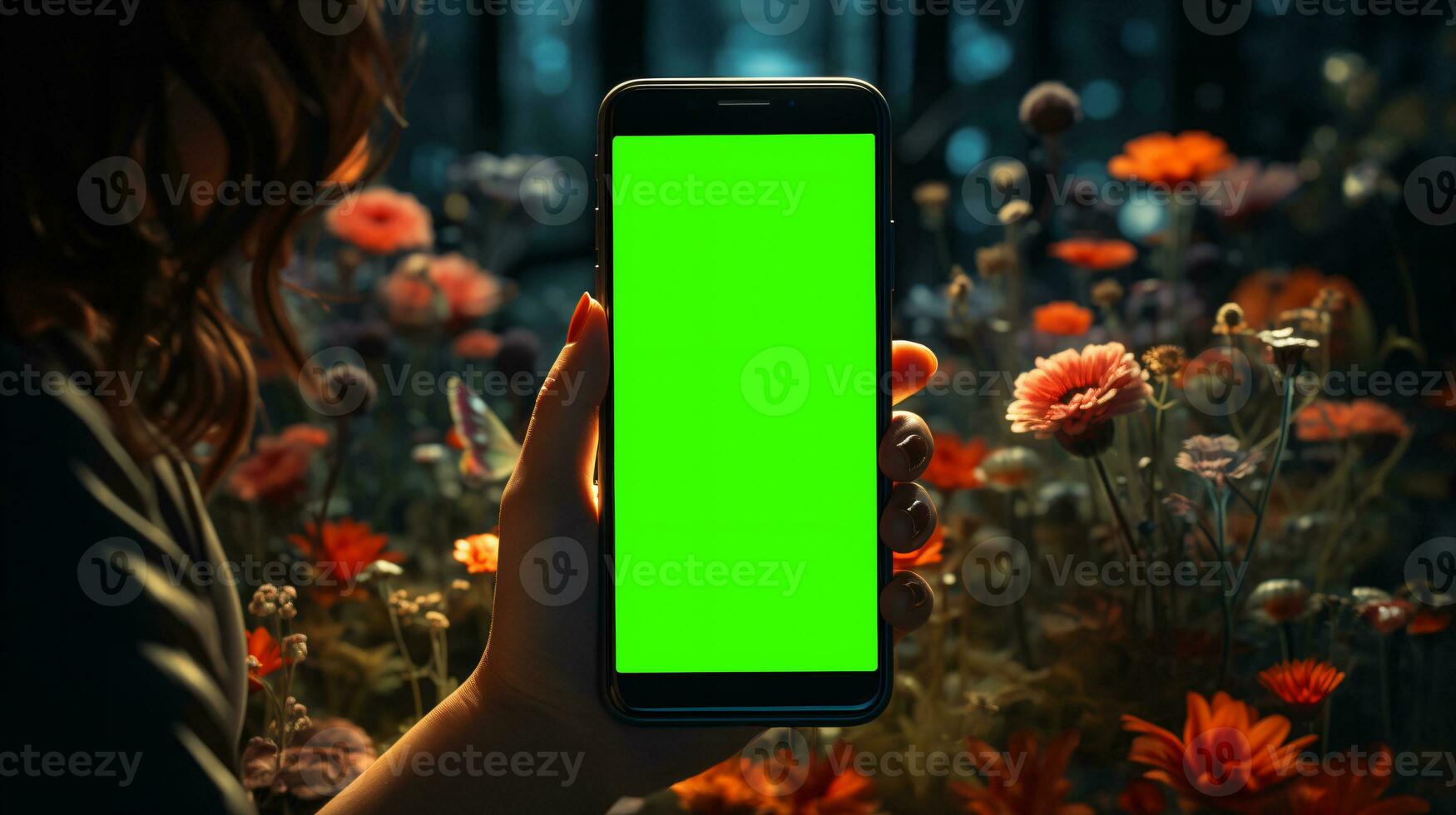 AI Generated Subjective view of a hand holding a mobile phone with greenscreen for changing the display content photo