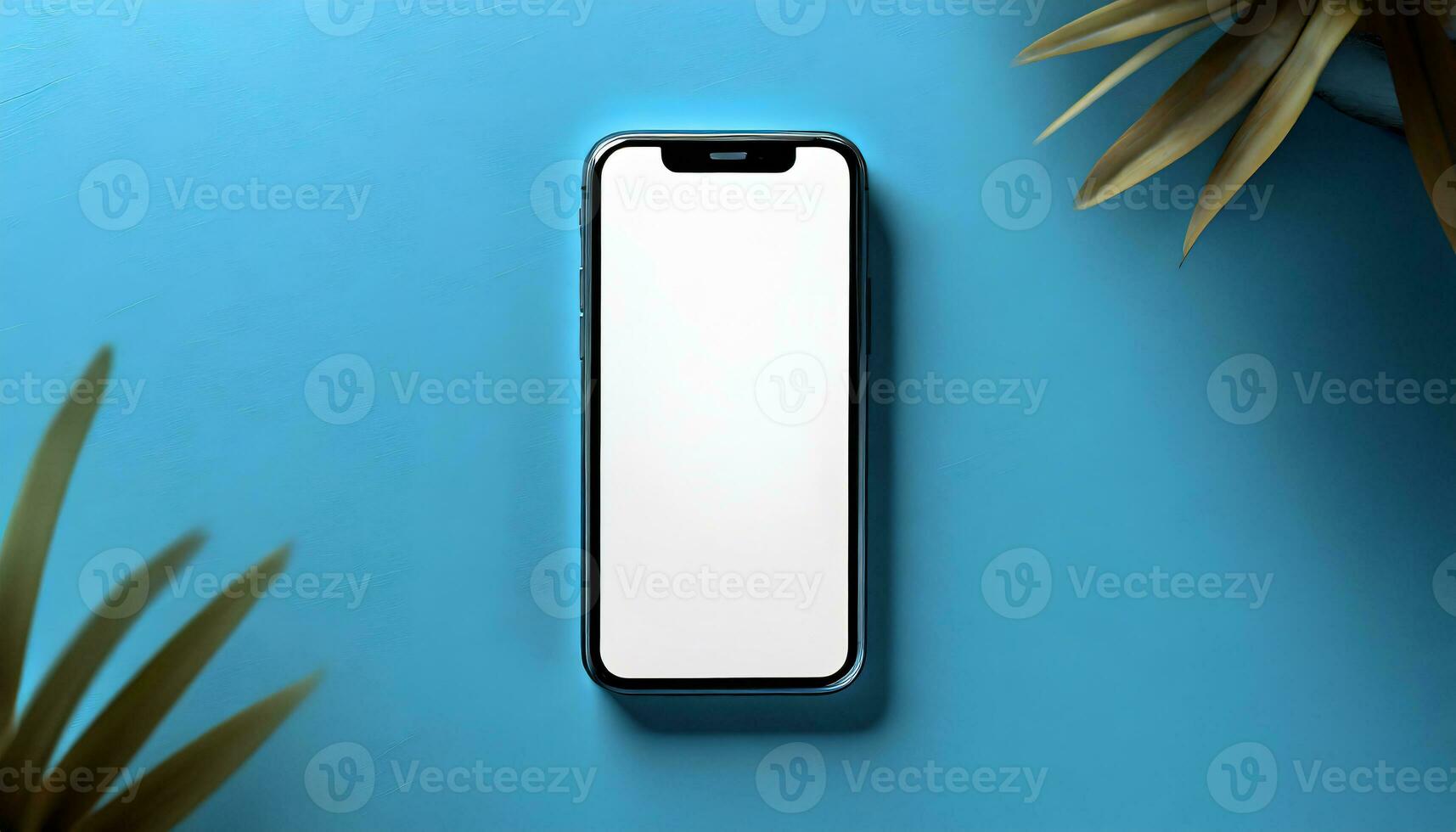 AI Generated top view of a mock up mobile phone on a blue background with plants photo