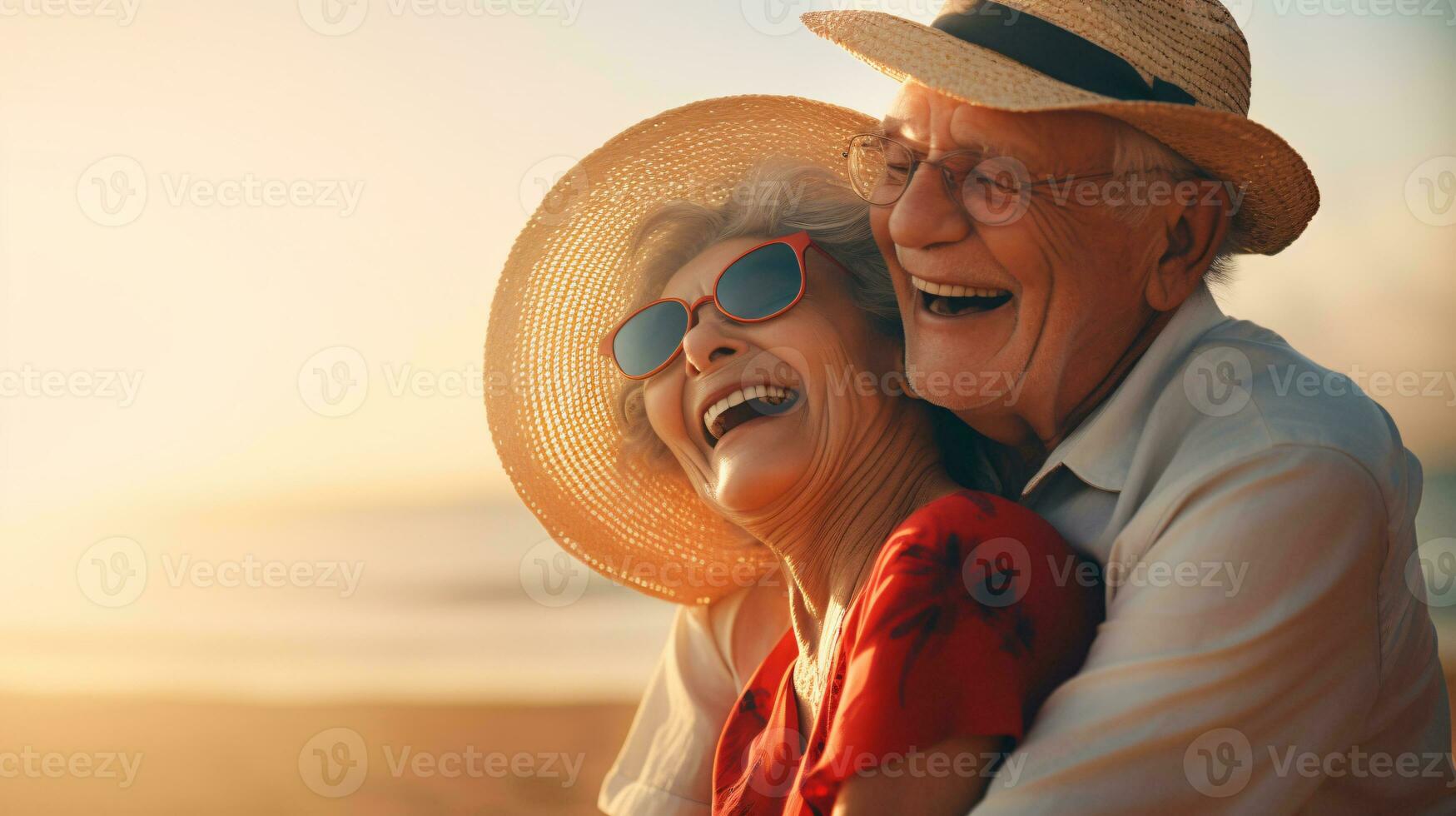 AI Generated an old loving couple laughs and flirts on the beach photo