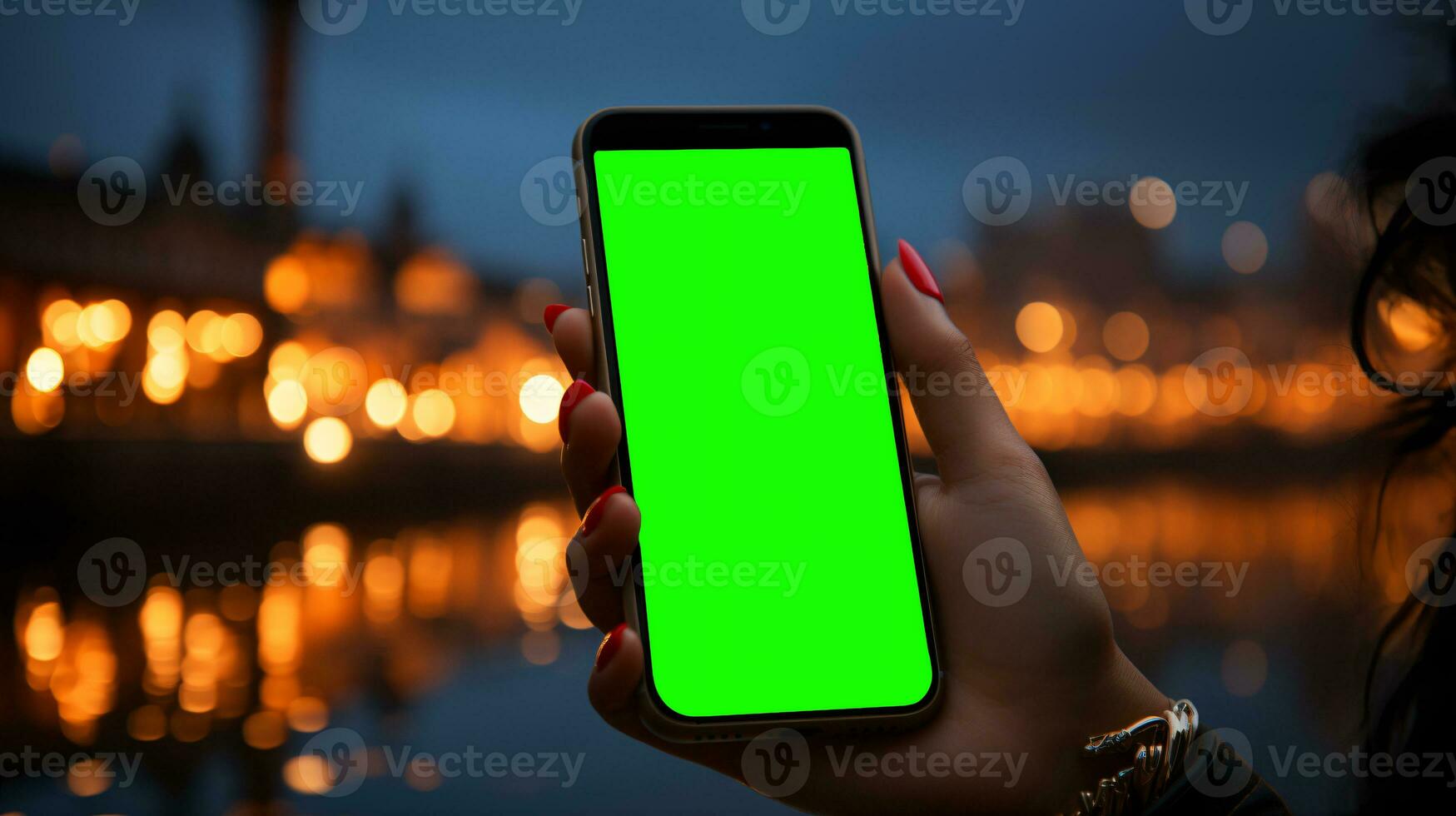 AI Generated Subjective view of a hand holding a mobile phone with greenscreen for changing the display content photo