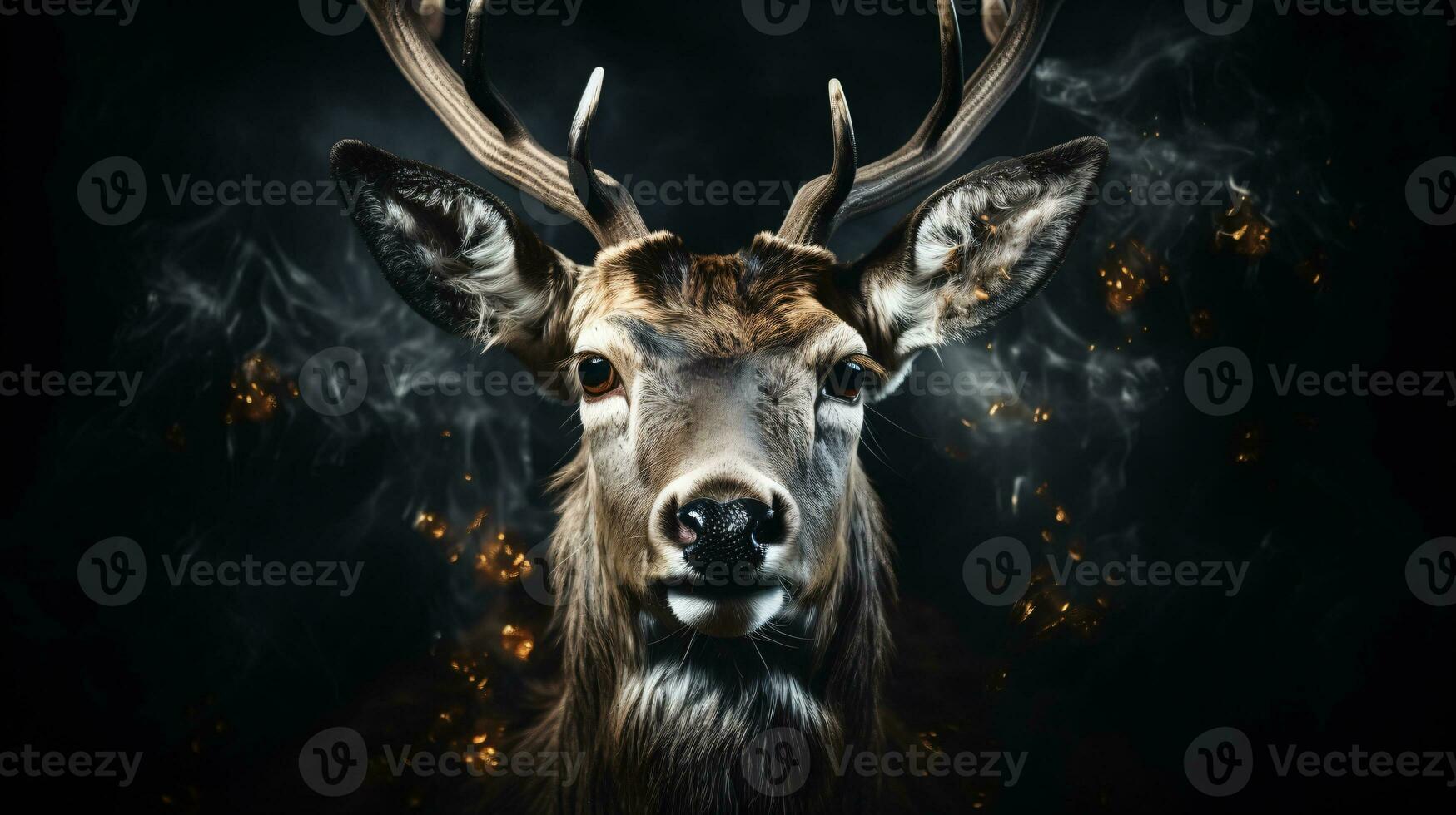 ai generado un ciervo con grande cornamenta mira directamente dentro el karema en contra un negro antecedentes foto