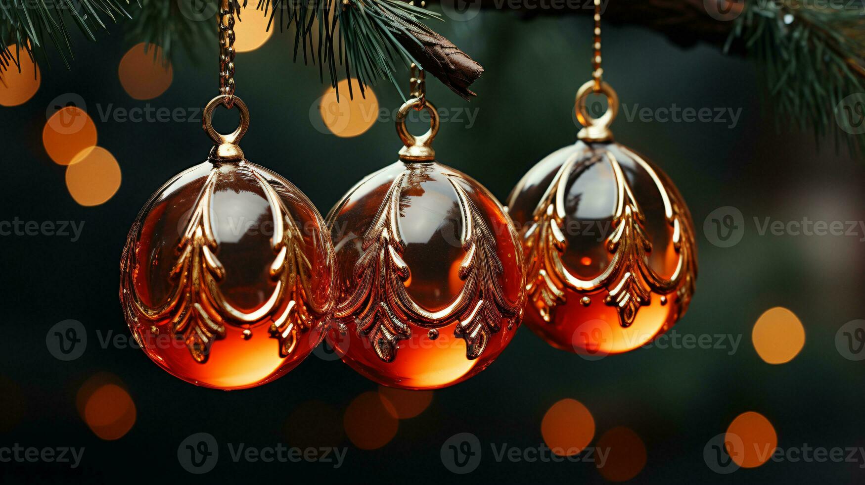 AI Generated 3 christmas tree balls hanging next to each other on the branch of a christmas tree photo