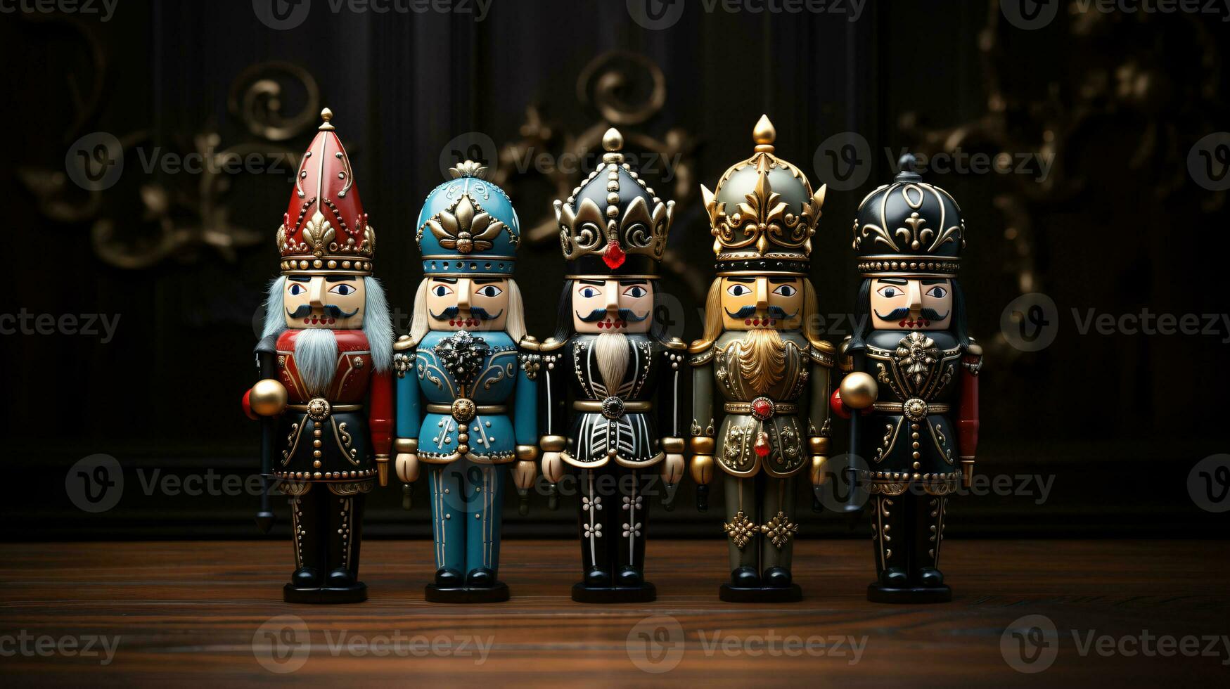 AI Generated 5 lovingly made and finely painted nutcrackers with great ornaments and decorations stand next to each other photo