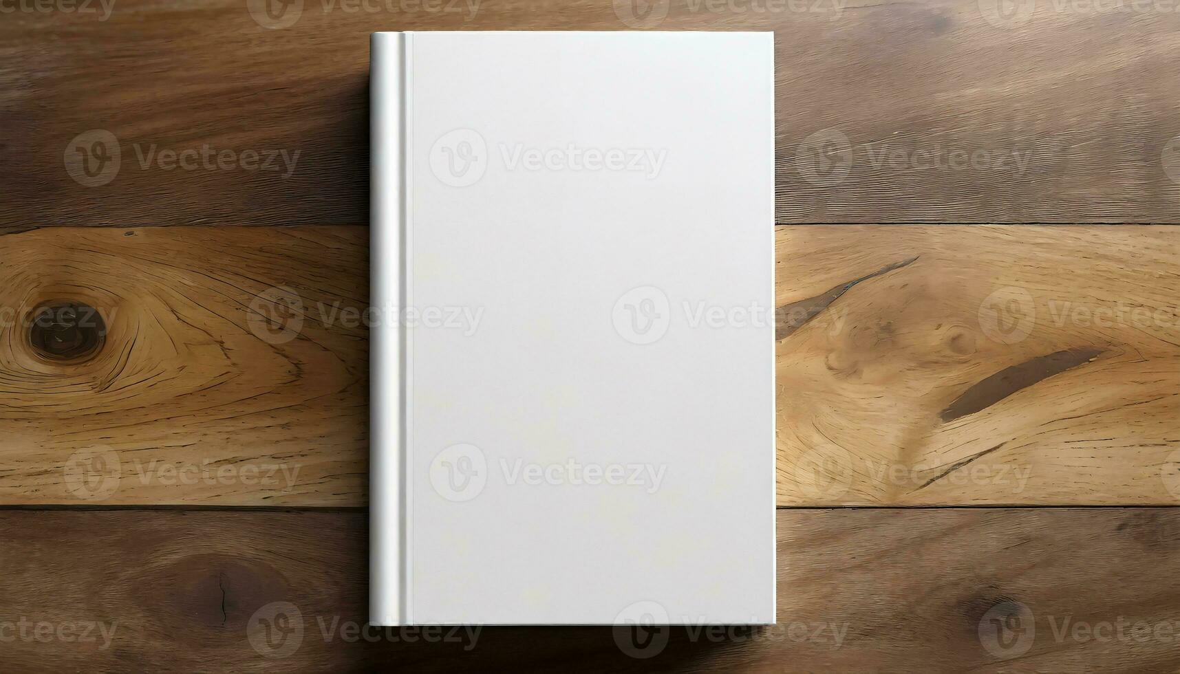 AI Generated Top view of a white blank book with hard cover lying on a brown table photo