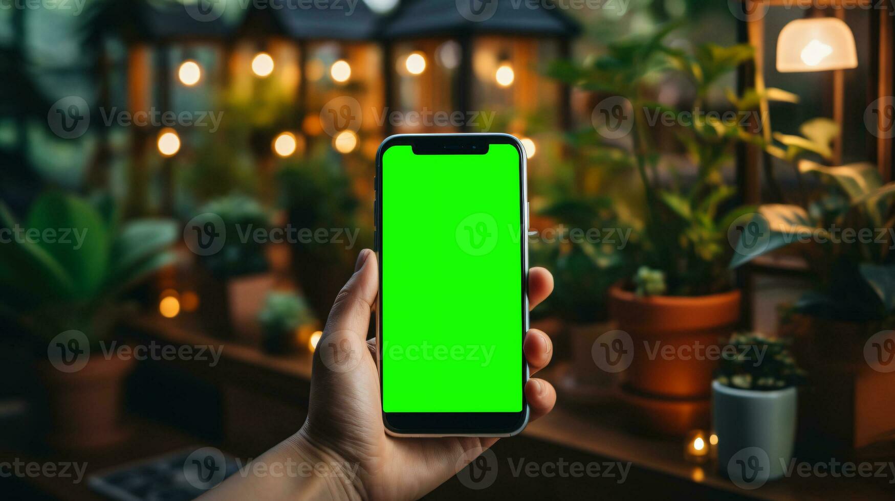 AI Generated Subjective view of a hand holding a mobile phone with greenscreen for changing the display content photo