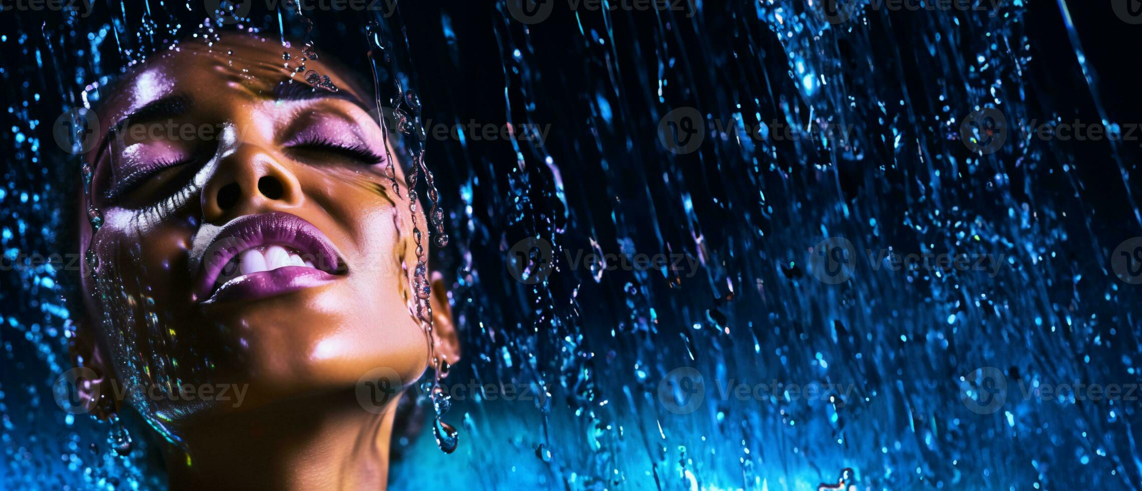 AI generated woman with purple lips enjoys the water falling on her face photo