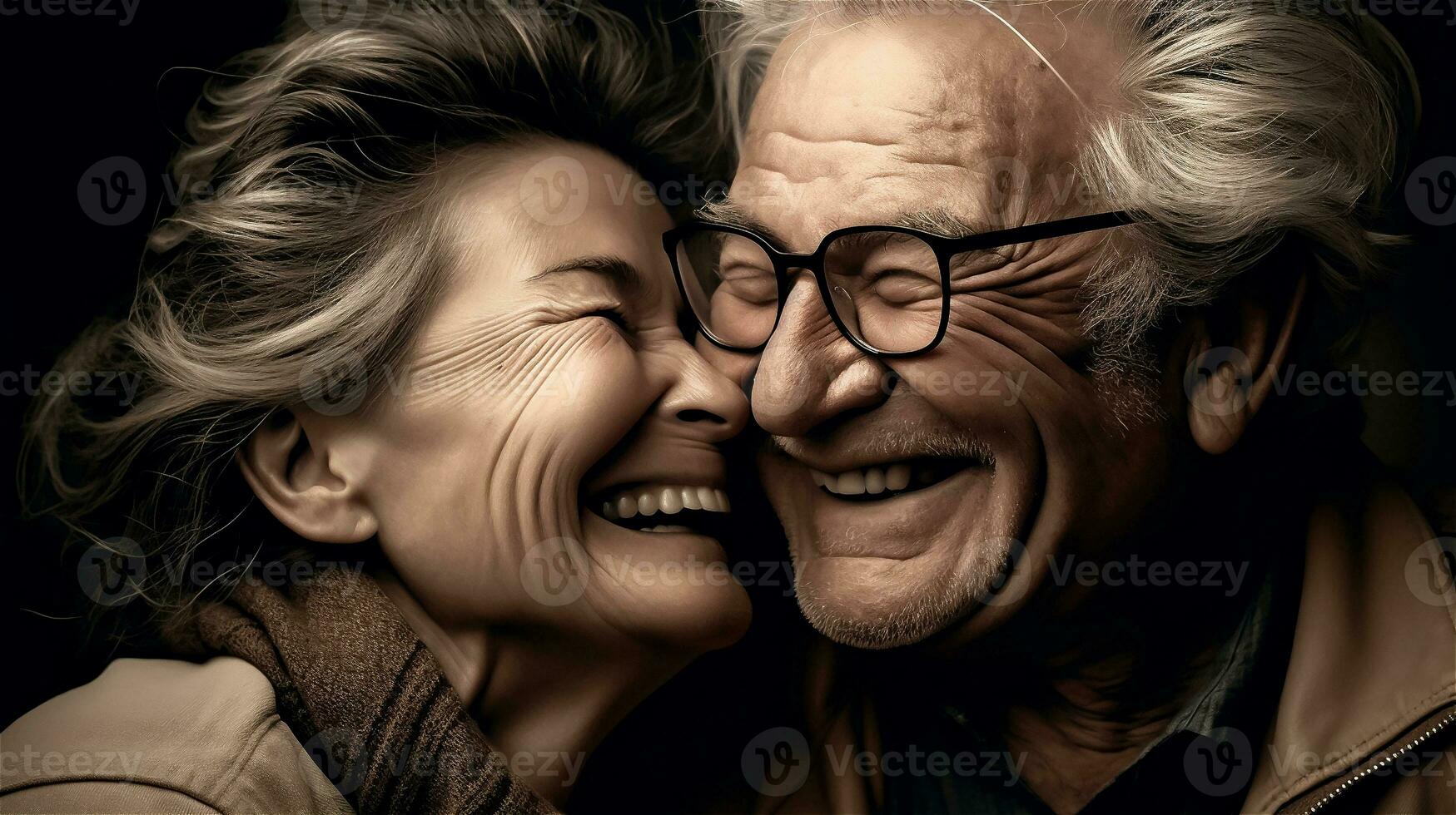 AI generated A retired couple put their heads together and giggle heartily and in love photo