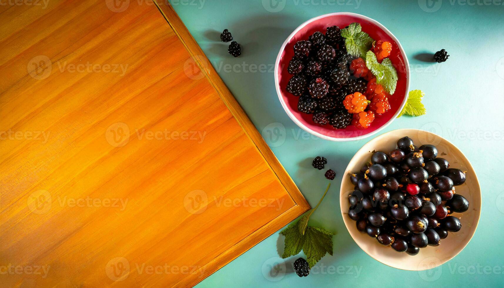 AI generated top view of bowls full of blackcurrants and blackberries on a light blue work surface with wooden board photo