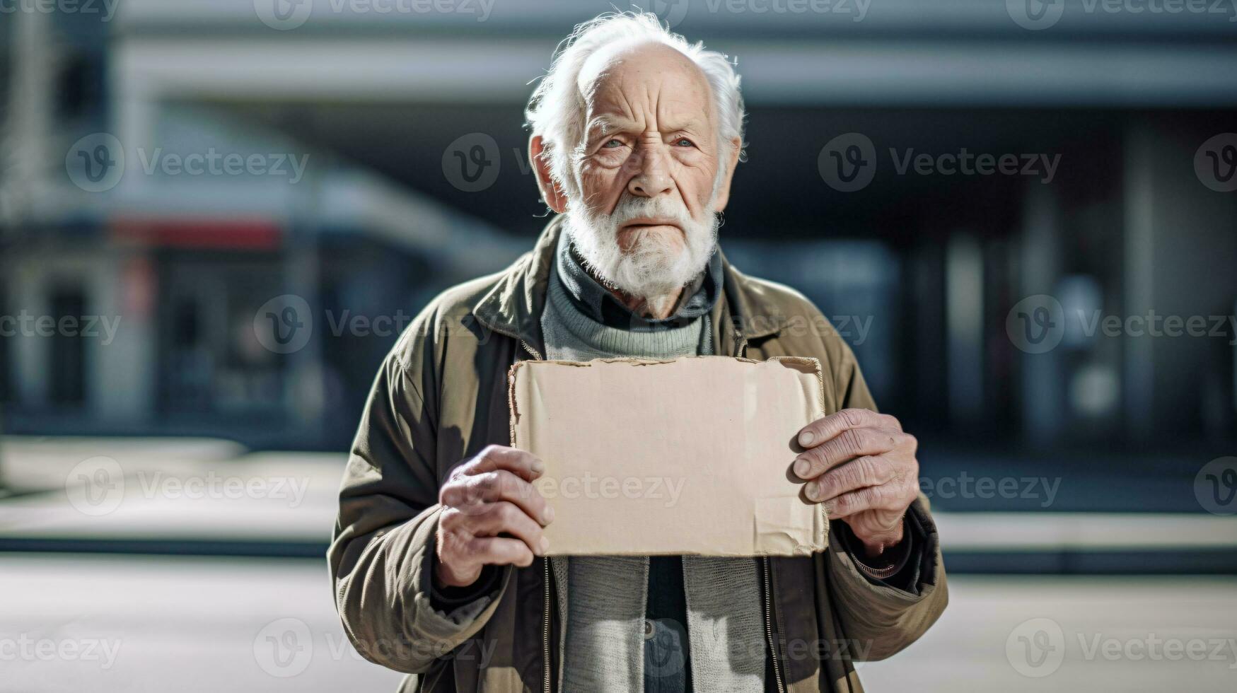 AI generated old man with neutral expression holds empty mock-up sign in hand to communicate something photo