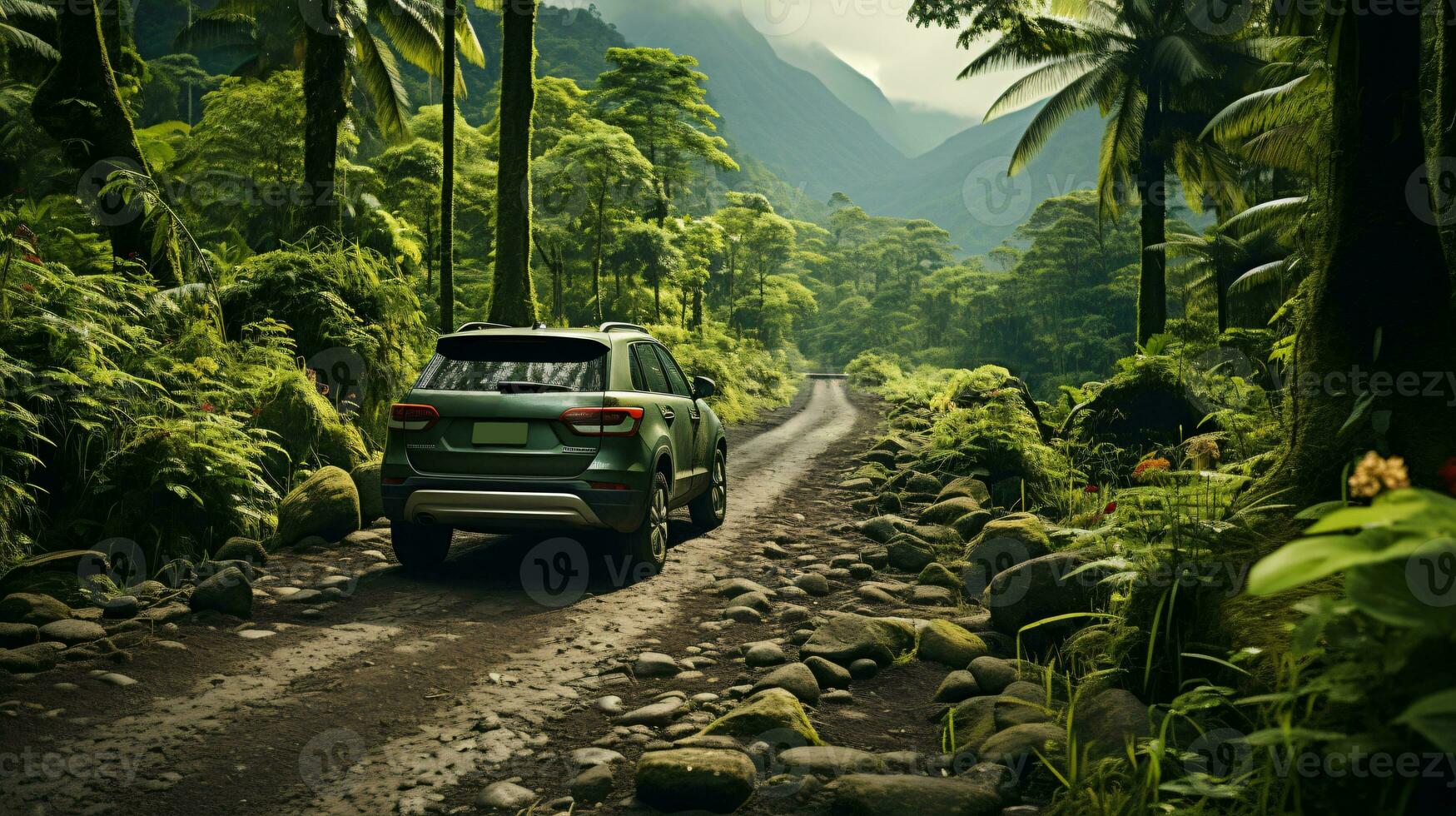 AI generated modern car drives over an unpaved road that leads through the middle of the jungle photo