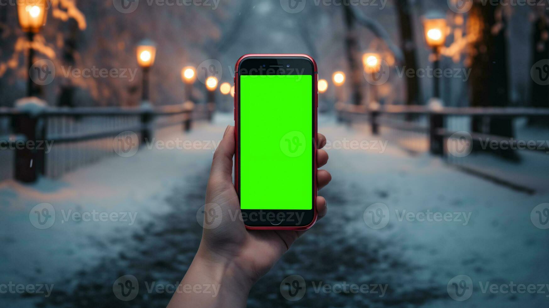 AI Generated Subjective view of a hand holding a mobile phone with greenscreen for changing the display content photo