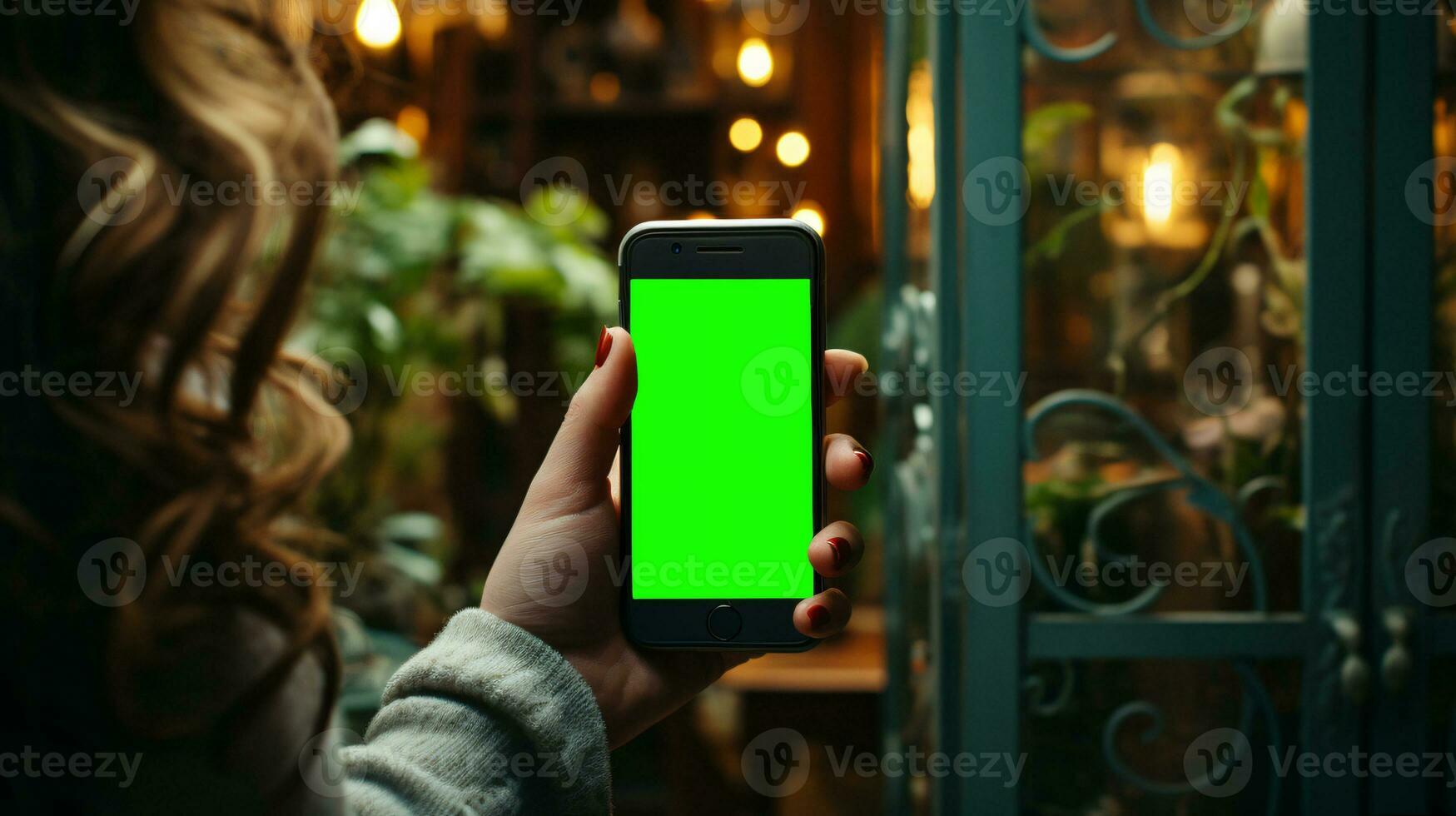 AI Generated Subjective view of a hand holding a mobile phone with greenscreen for changing the display content photo