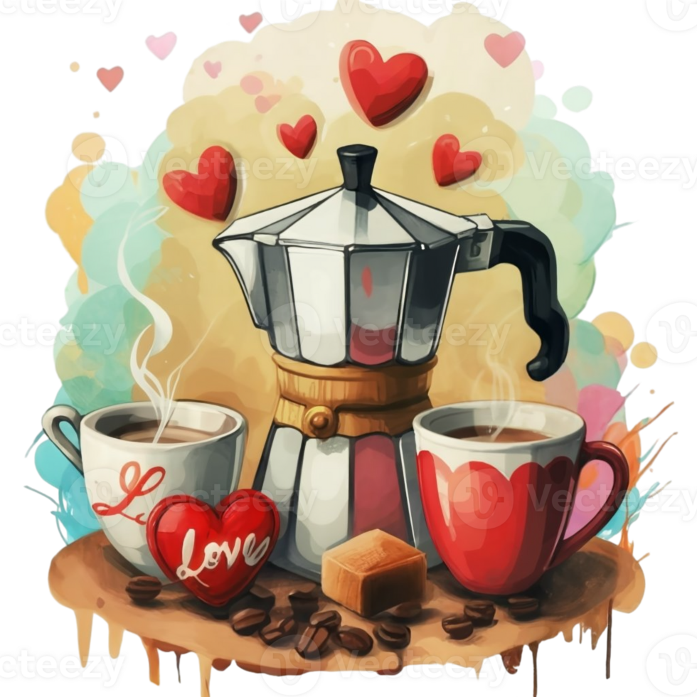 AI generated beautiful watercolor graphics coffee full of love for Valentines Day png