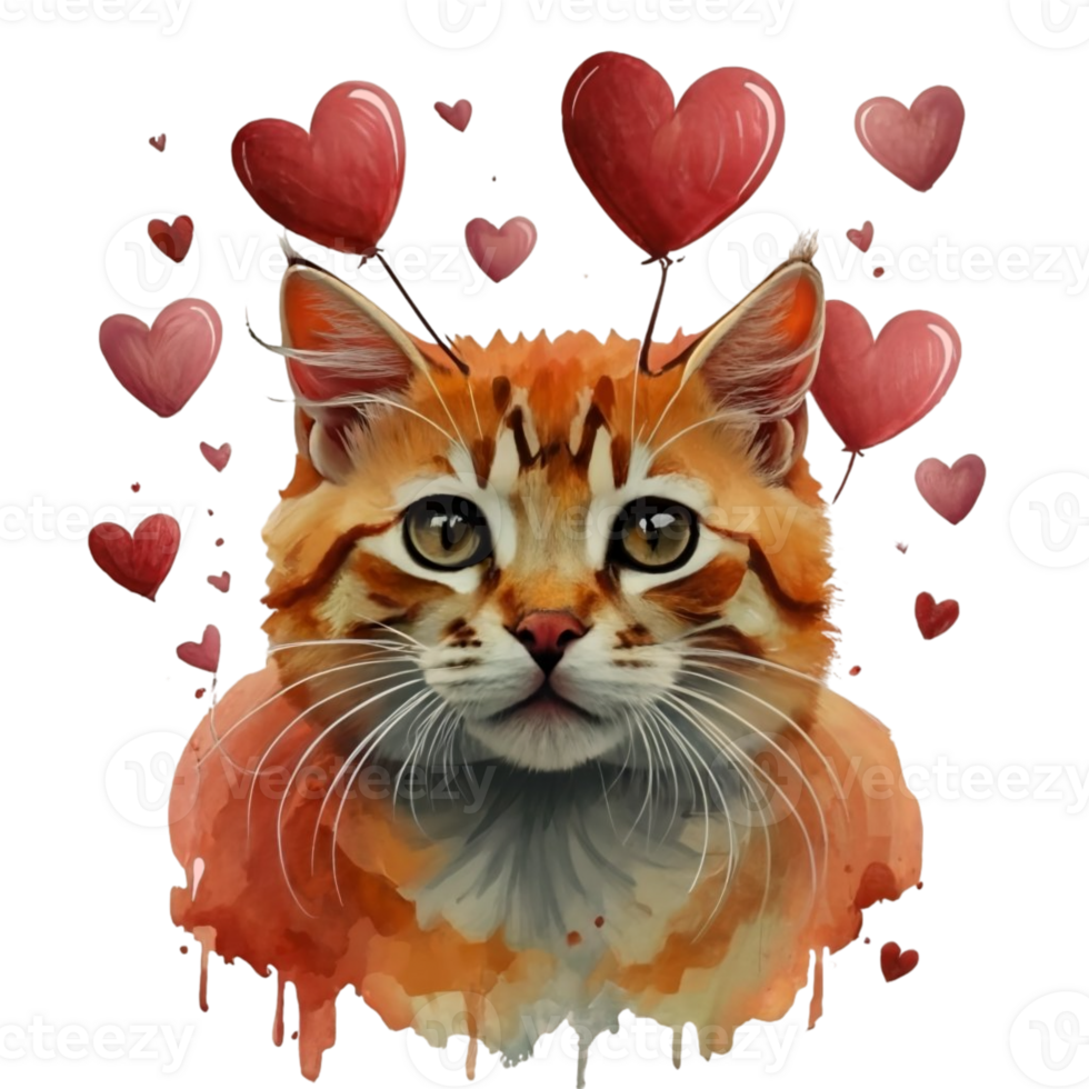 AI generated cat on the background of hearts, watercolor graphics full of love for someone you love png