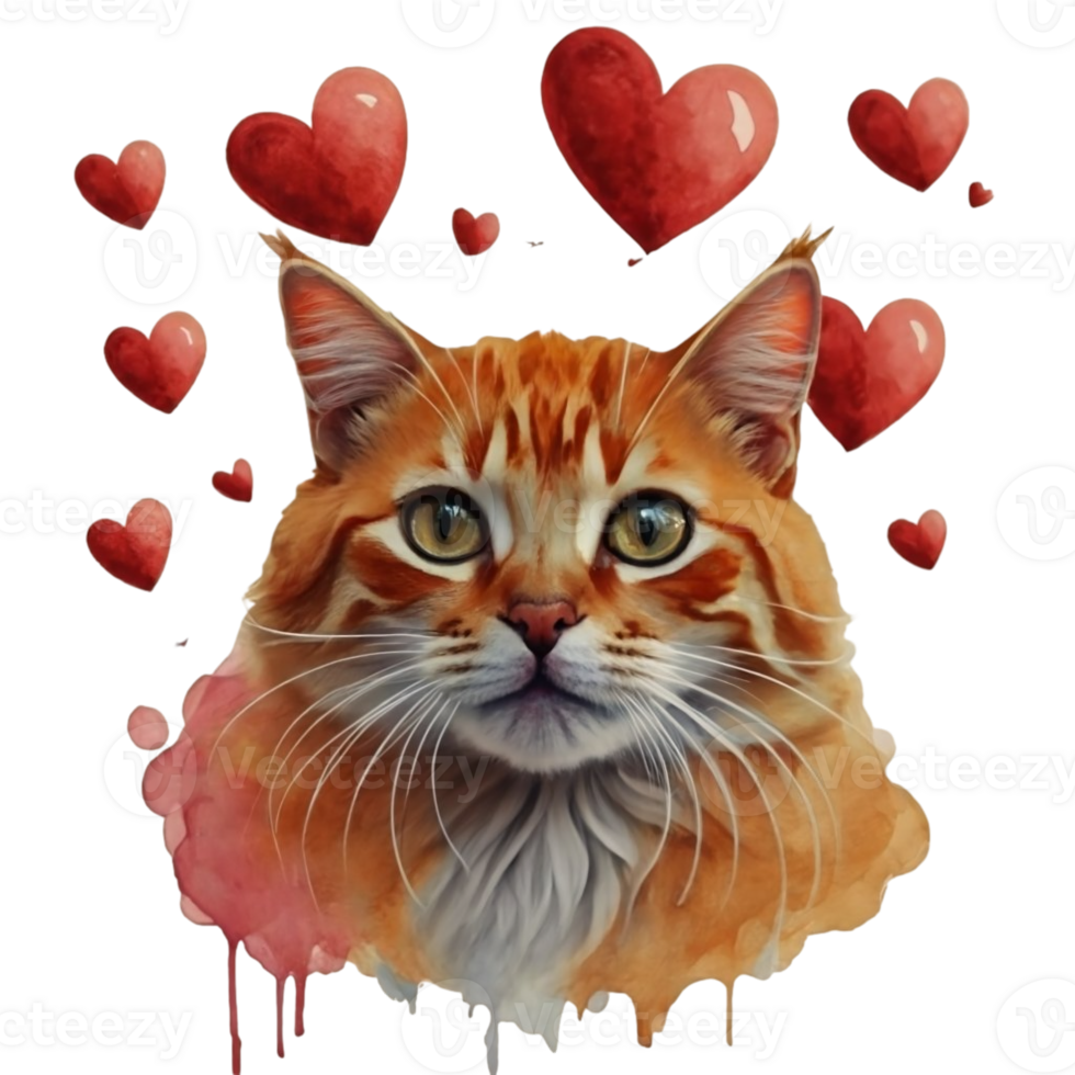 AI generated cat on the background of hearts, watercolor graphics full of love for someone you love png