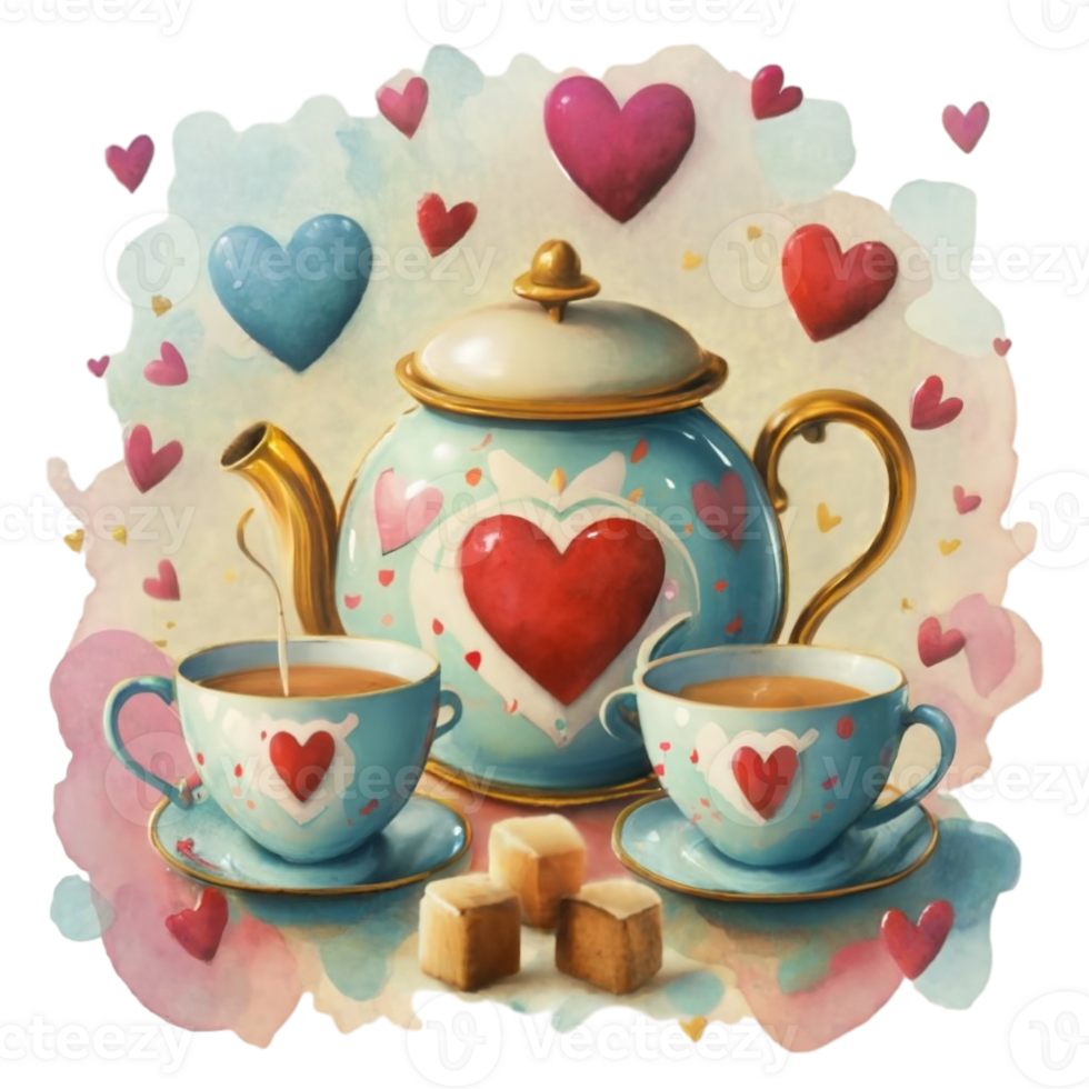 AI generated watercolor graphics tea full of love for Valentines Day png