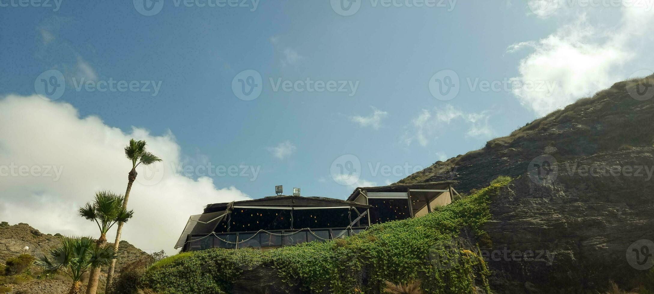Scenic view of a rustic house on a hillside with lush greenery under a clear blue sky with a single palm tree. photo