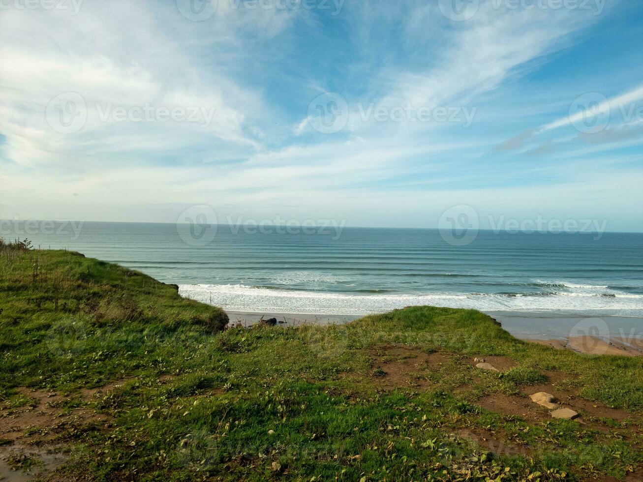 Serene coastal landscape with lush greenery overlooking a calm ocean under a clear blue sky. photo