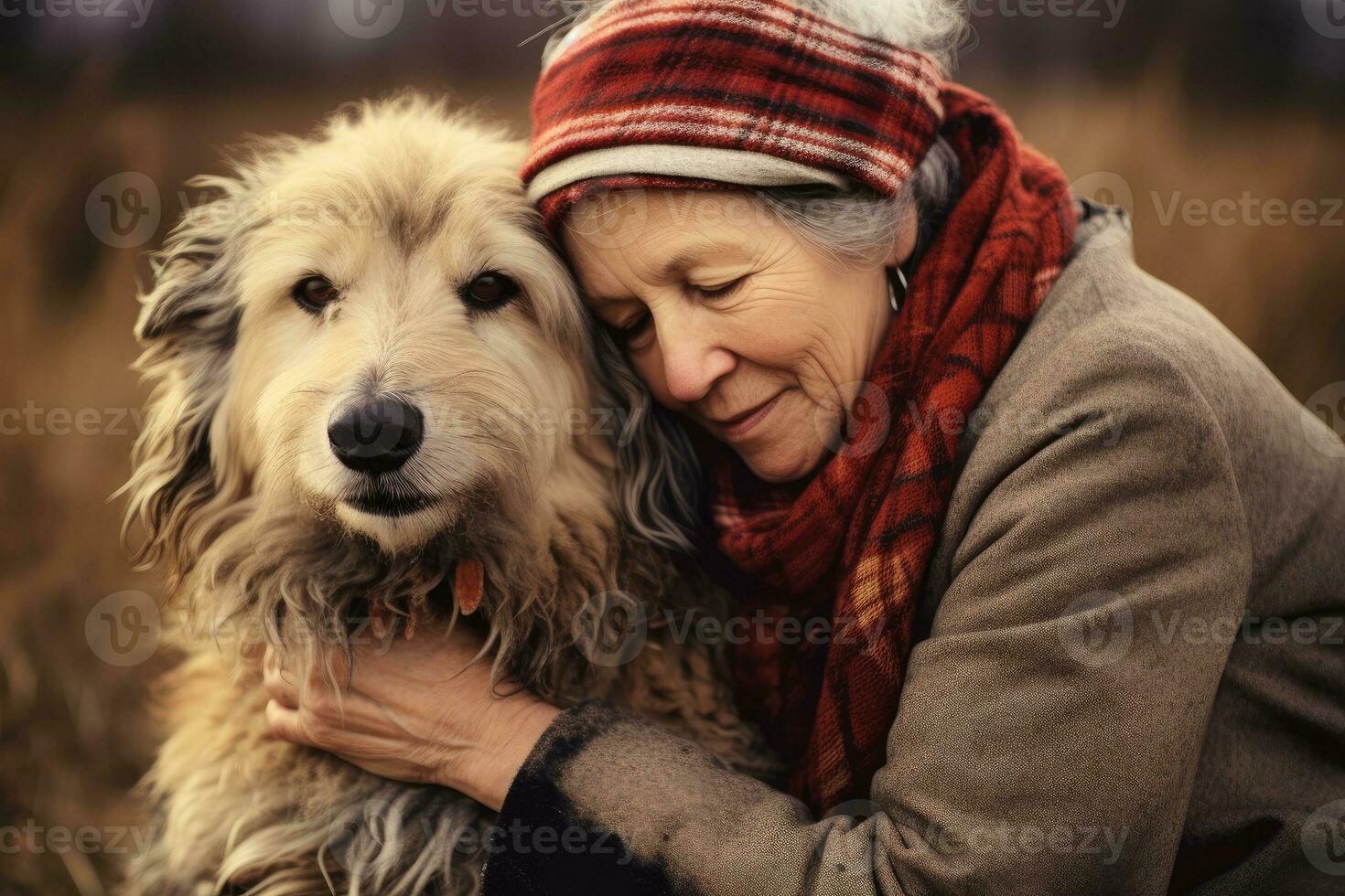 AI generated older elderly with pet, An old lonely woman with her dog, AI Generative photo