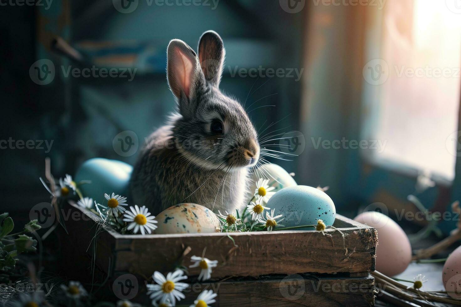 AI generated Happy Easter, Adorable Easter Bunny With Easter Eggs, colorful Easter eggs, banner and wallpaper photo