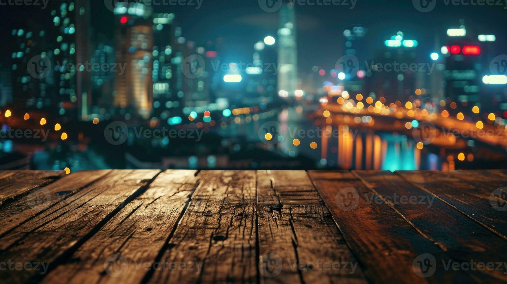 AI generated Blank wood tabletop with blurred night city skyline and river, showcase, nightlife, photo