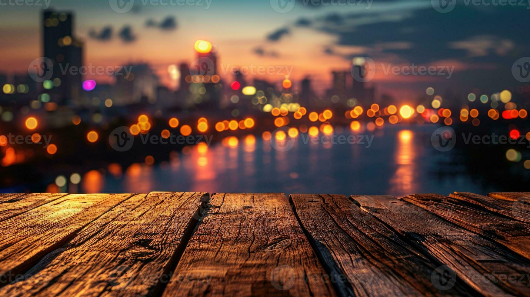 ai generado blanco madera mesa con borroso noche ciudad horizonte y río, escaparate, la vida nocturna, foto