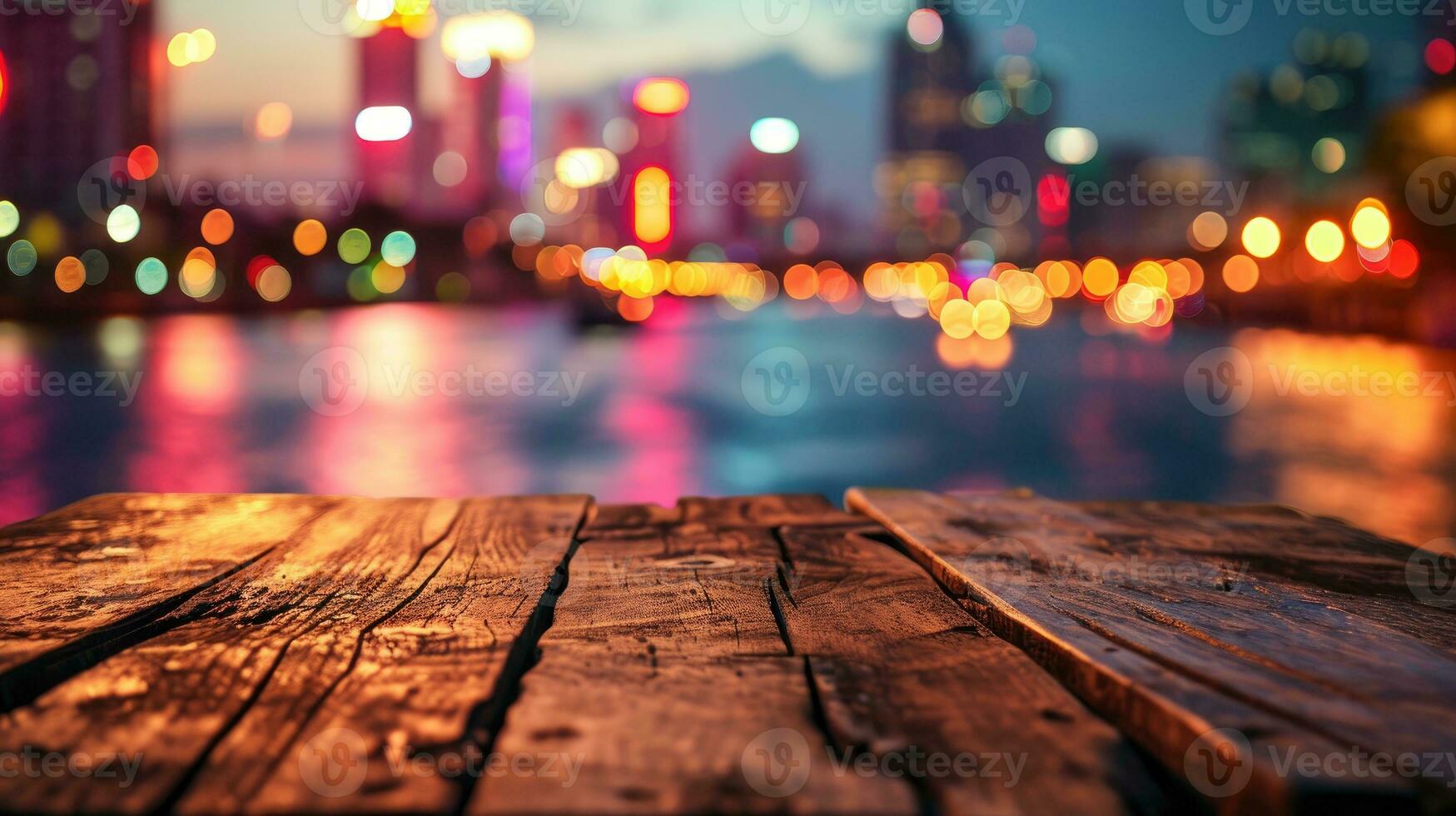 AI generated Blank wood tabletop with blurred night city skyline and river, showcase, nightlife, photo