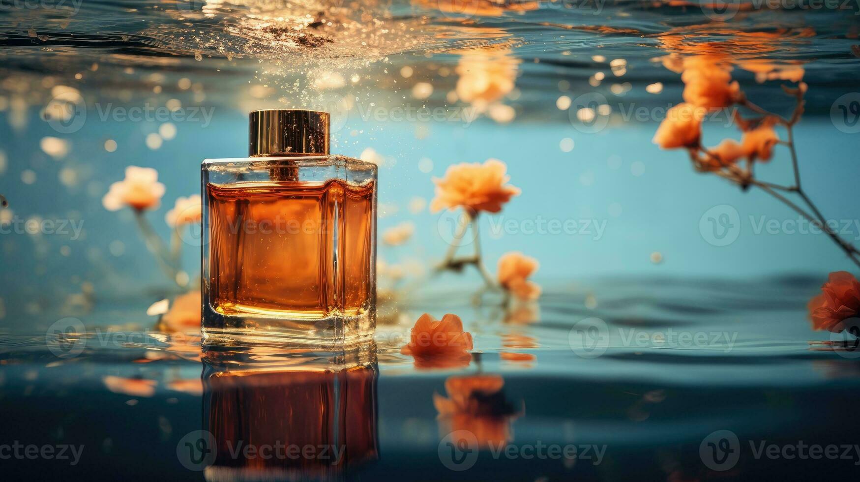 ai generado producto foto de un perfume flotante en el agua superficie, ai generativo